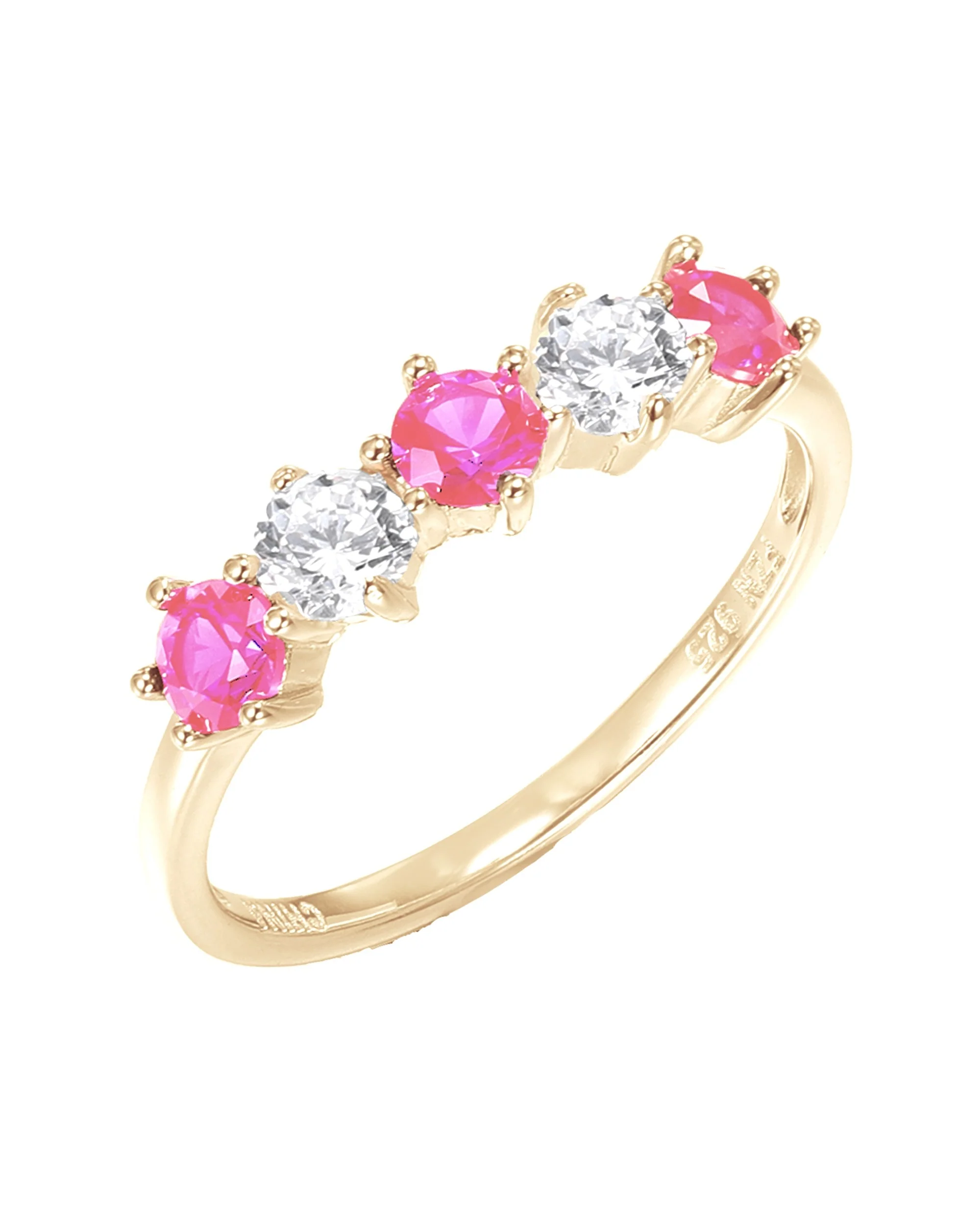 BAGUE EN PLAQUE OR 5 PIERRES ROSES ET BLANCHES