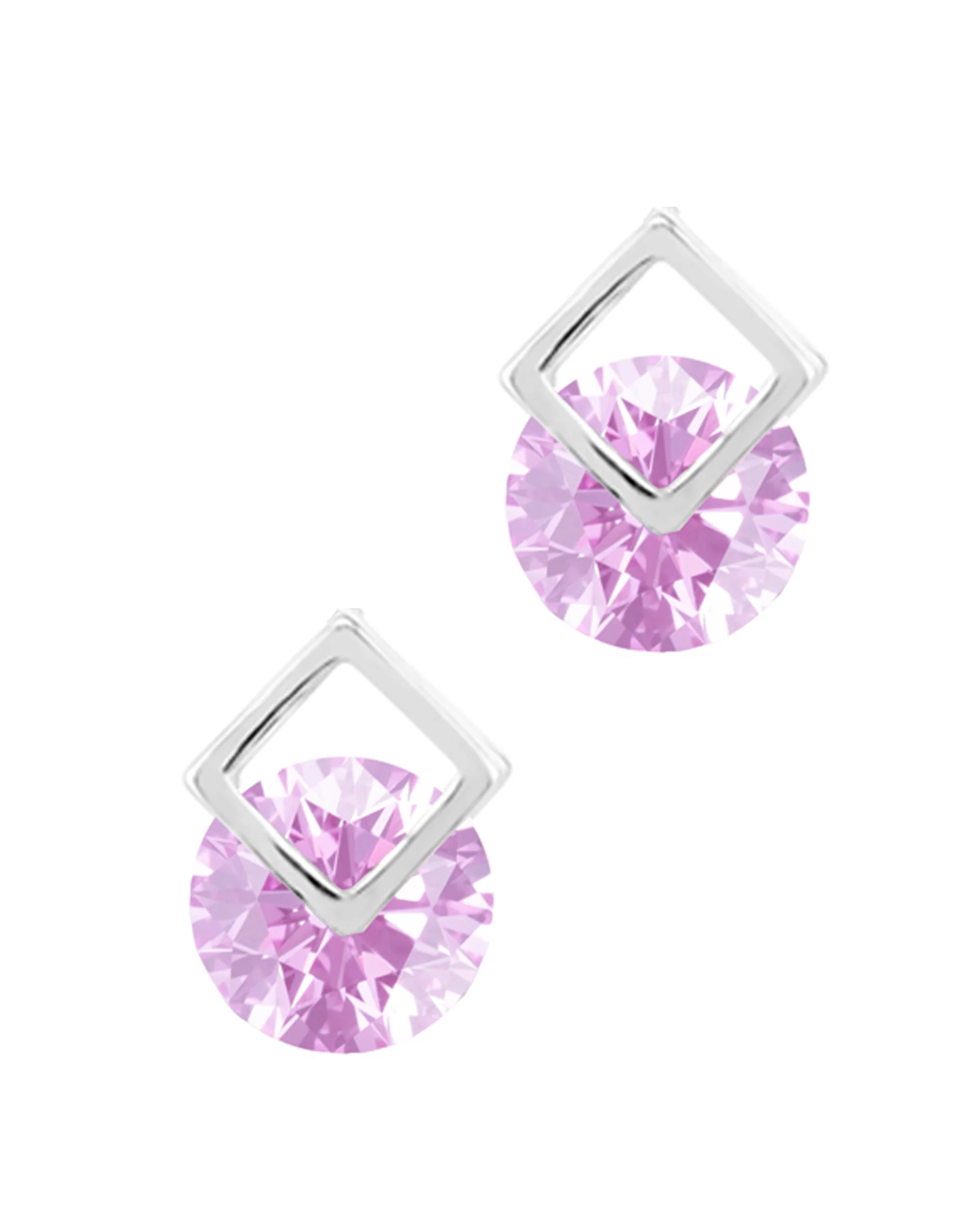 BOUCLES D'OREILLES EN ARGENT CARRE ET SOLITAIRE ROSE CLAIR