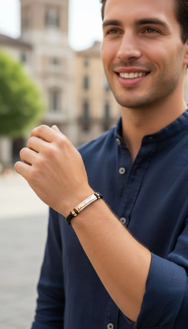 BRACELET EN CUIR TRESSE AVEC PLAQUE BICOLORE - Image 2