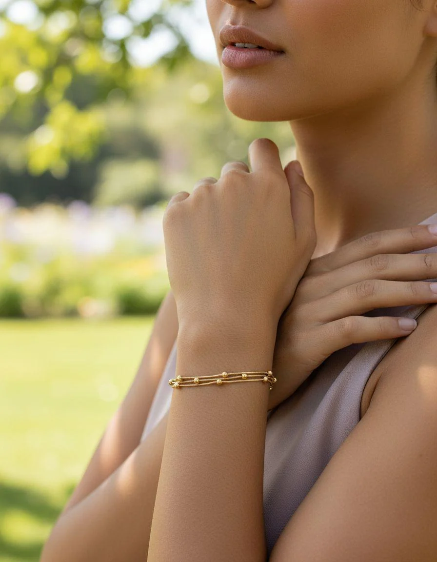 BRACELET EN ACIER DORE TRIPLE MAILLE AVEC BILLES - Image 2