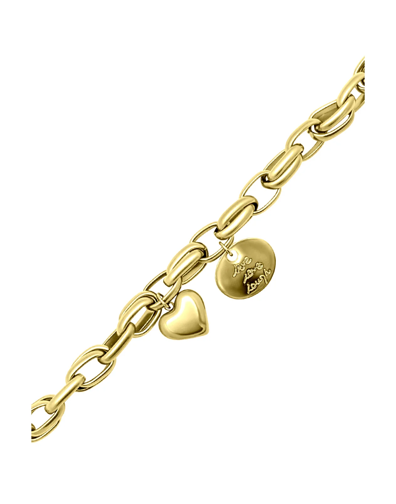 BRACELET ACIER DORE AVEC  COEUR ET PASTILLE PENDANTS