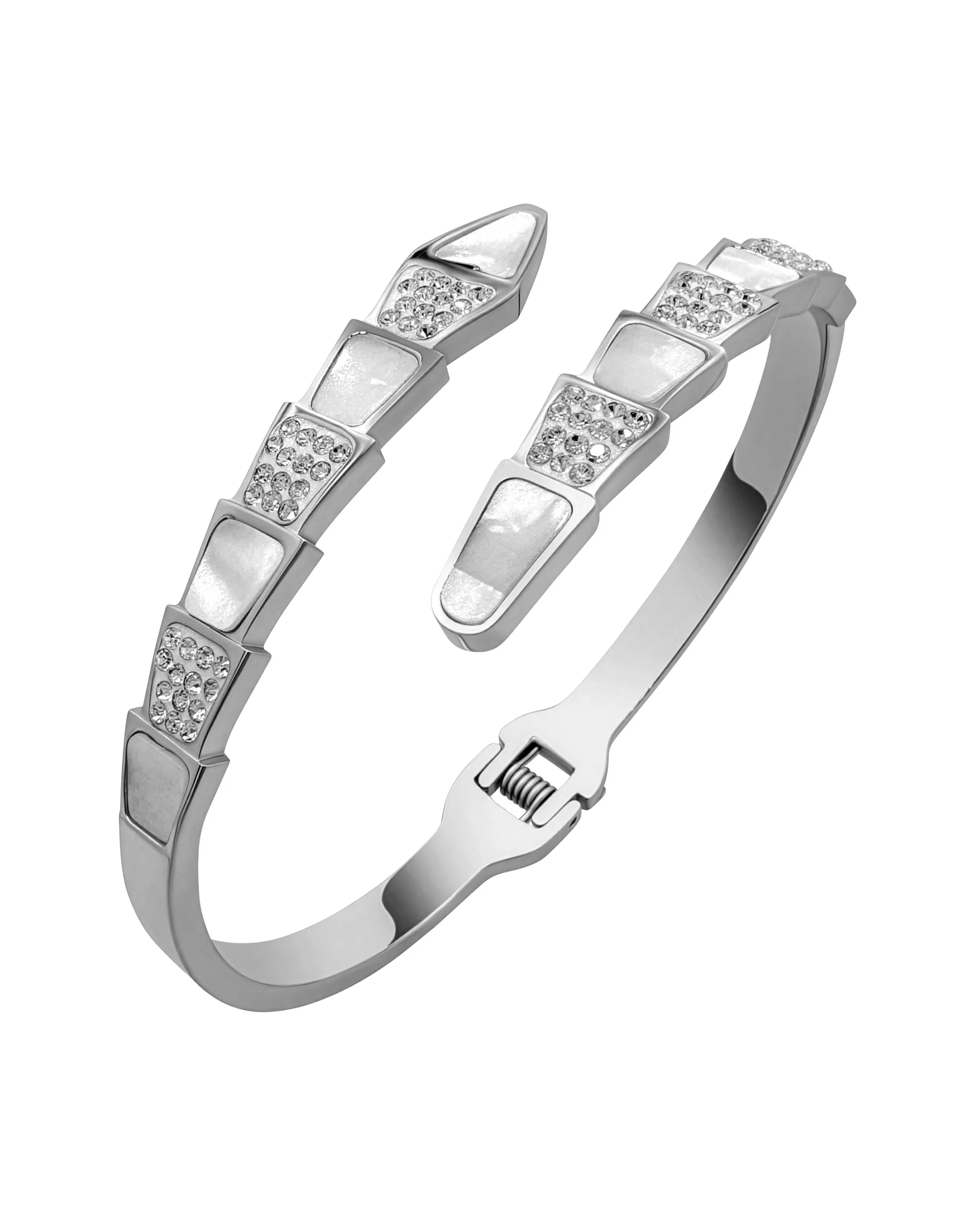 BRACELET RIGIDE EN ACIER AVEC NACRE ET STRASS