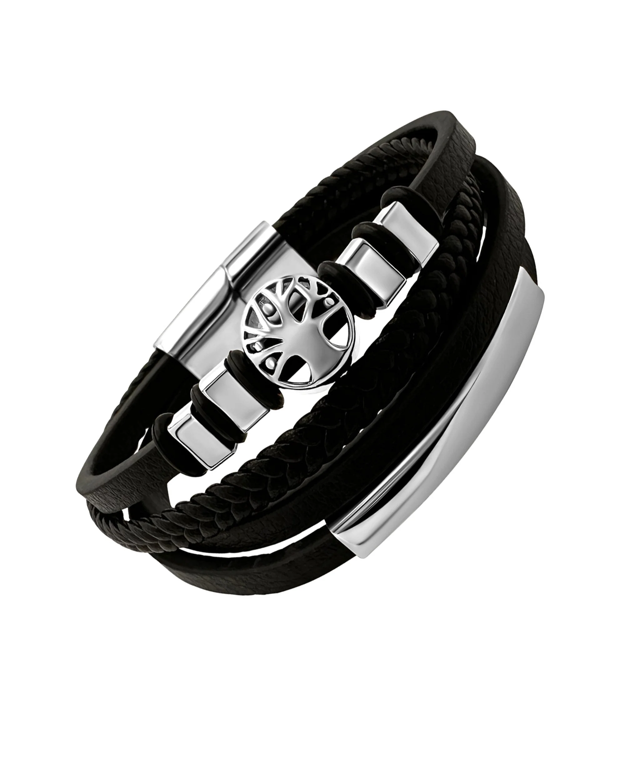 BRACELET EN CUIR NOIR 4 RANGS ET PLAQUETTE EN ACIER