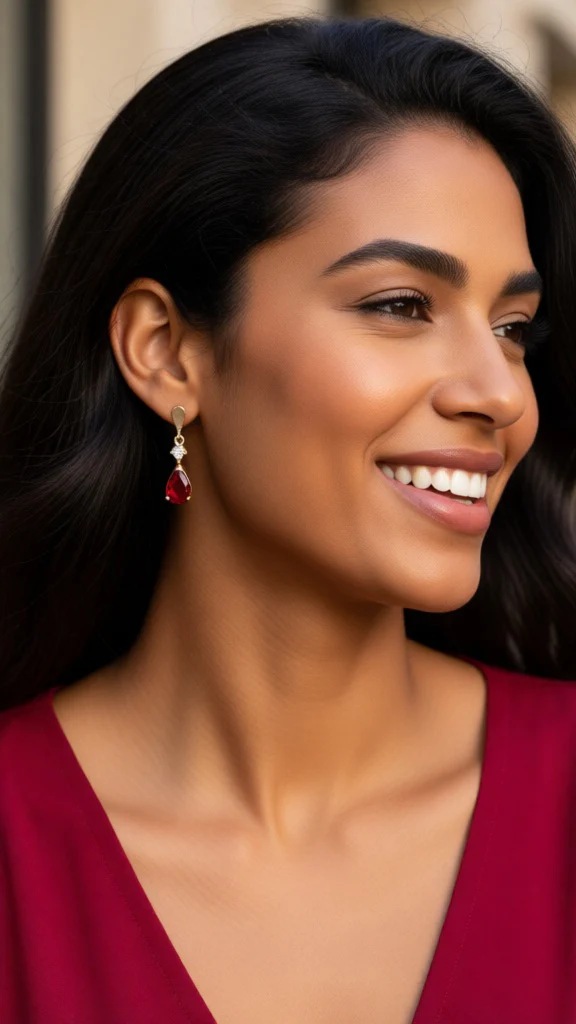 BOUCLES D'OREILLES EN PLAQUE OR GOUTTE RUBIS - Image 2