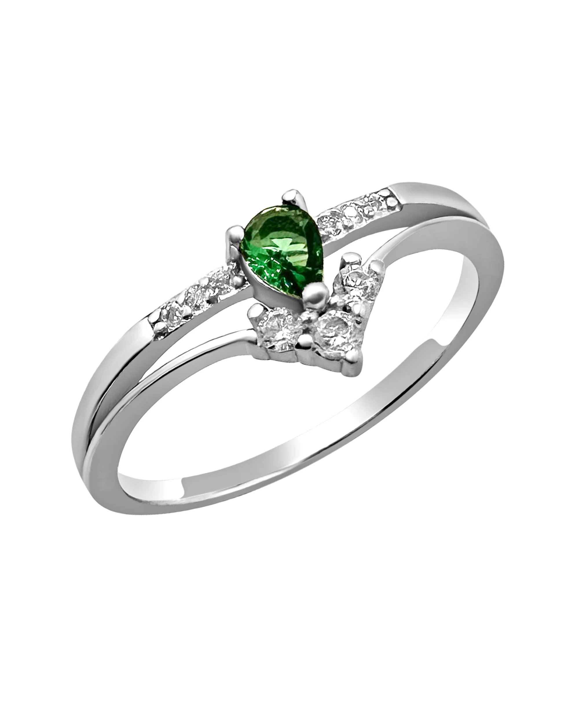 BAGUE EN ARGENT 2 RANGS AVEC PIERRES ET SOLITAIRE ÉMERAUDE