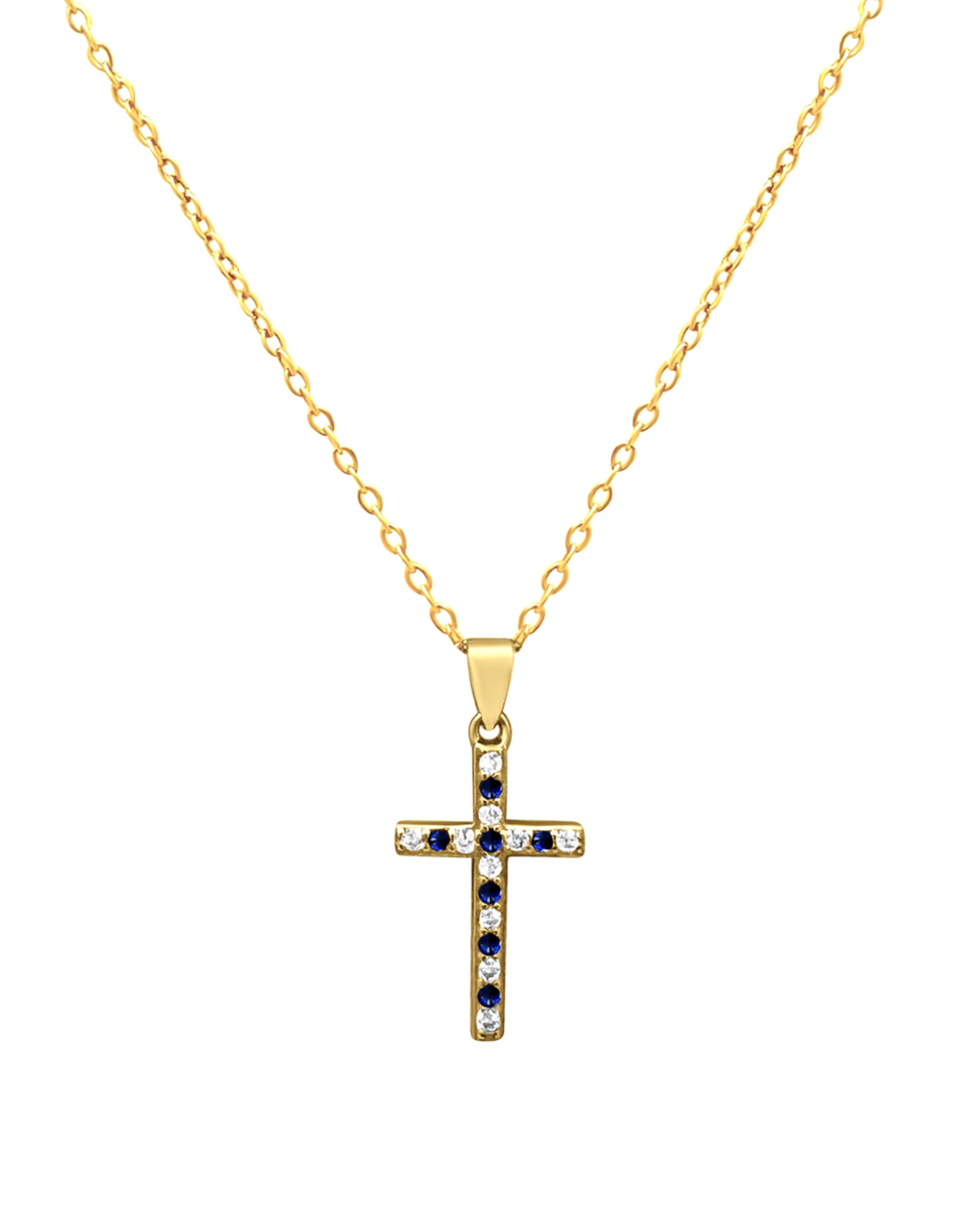 COLLIER EN ARGENT DORE PENDENTIF CROIX AVEC ZIRCONIUM ET SAPHIR