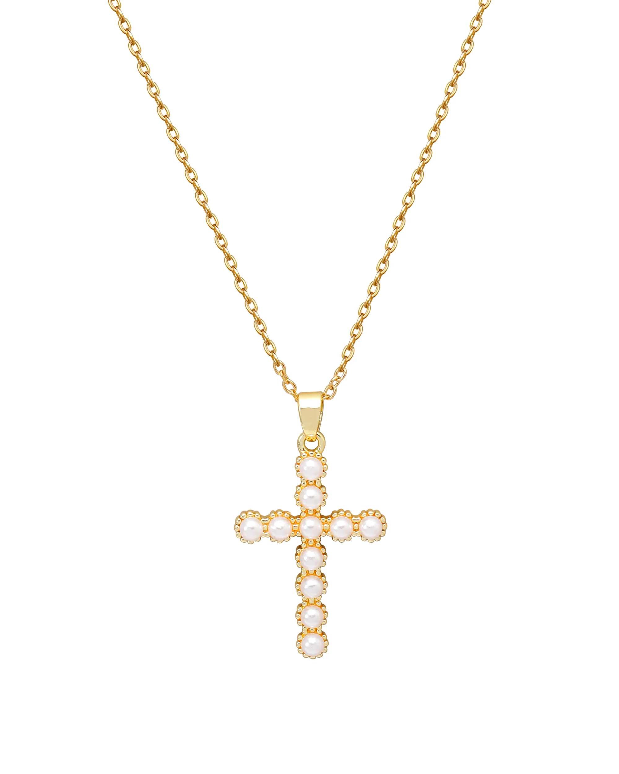 COLLIER EN ACIER DORE PENDENTIF CROIX AVEC PERLES