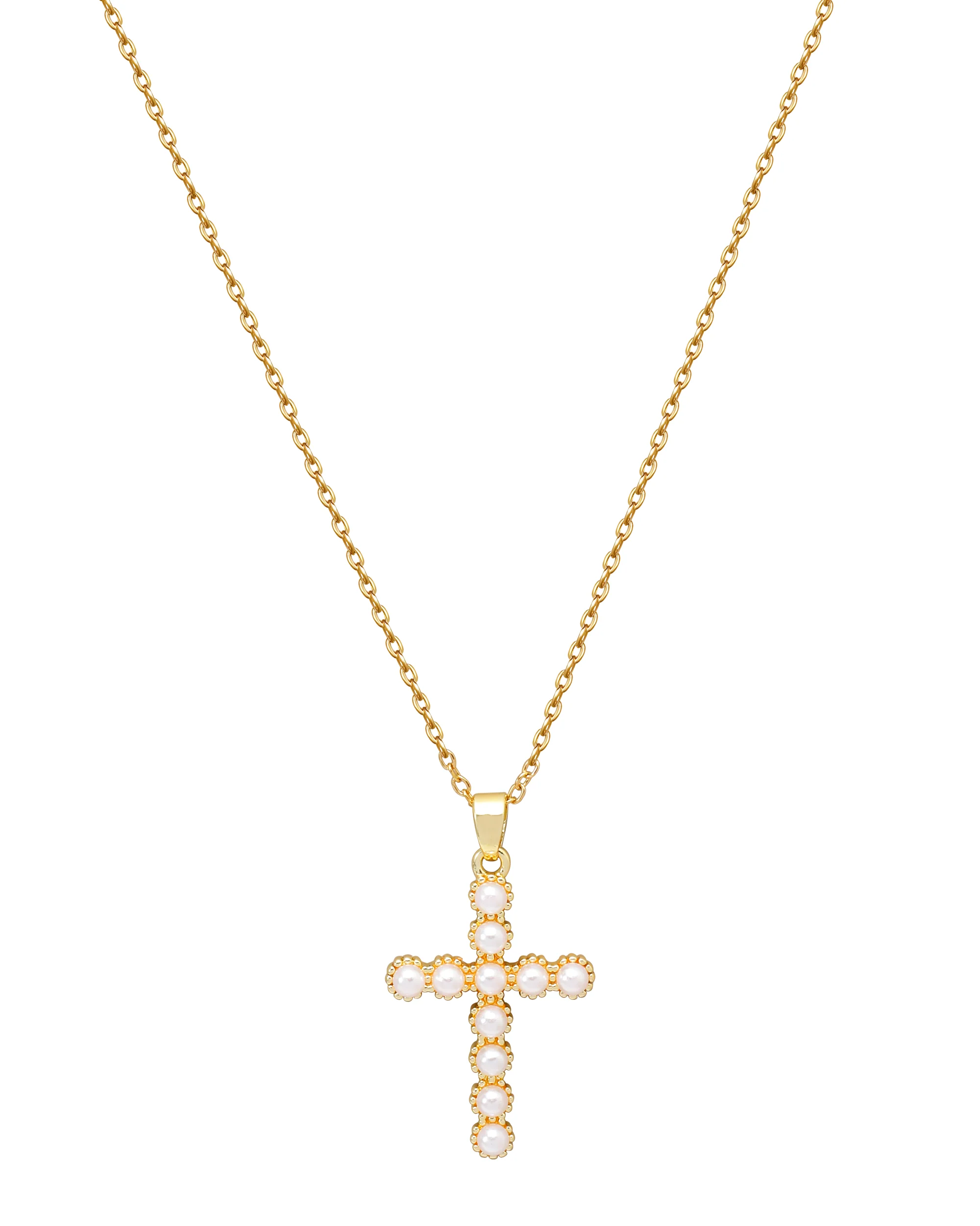 COLLIER EN ACIER DORE PENDENTIF CROIX AVEC PERLES - Image 3