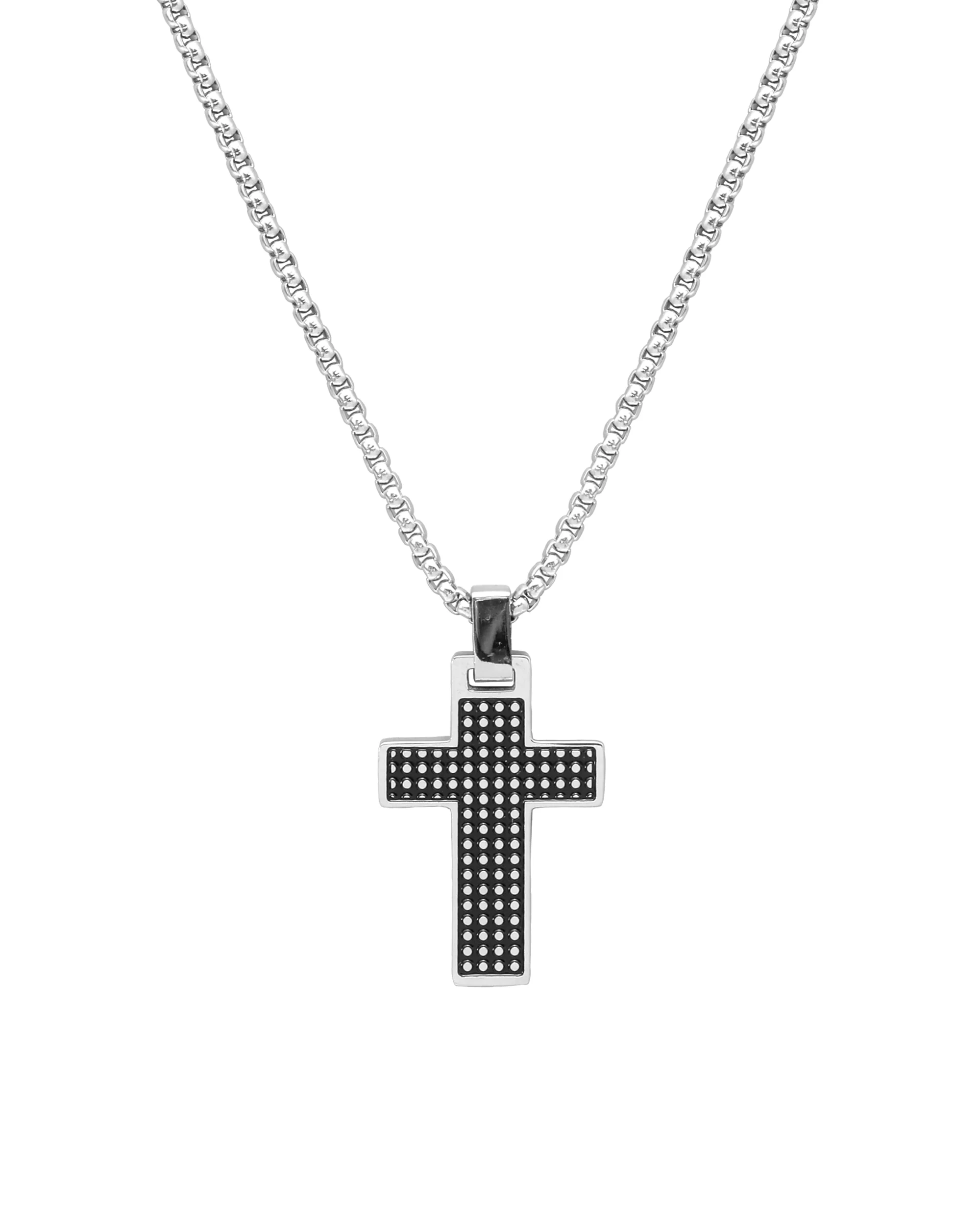 COLLIER EN ACIER AVEC PENDENTIF CROIX ET MOTIFS NOIRS