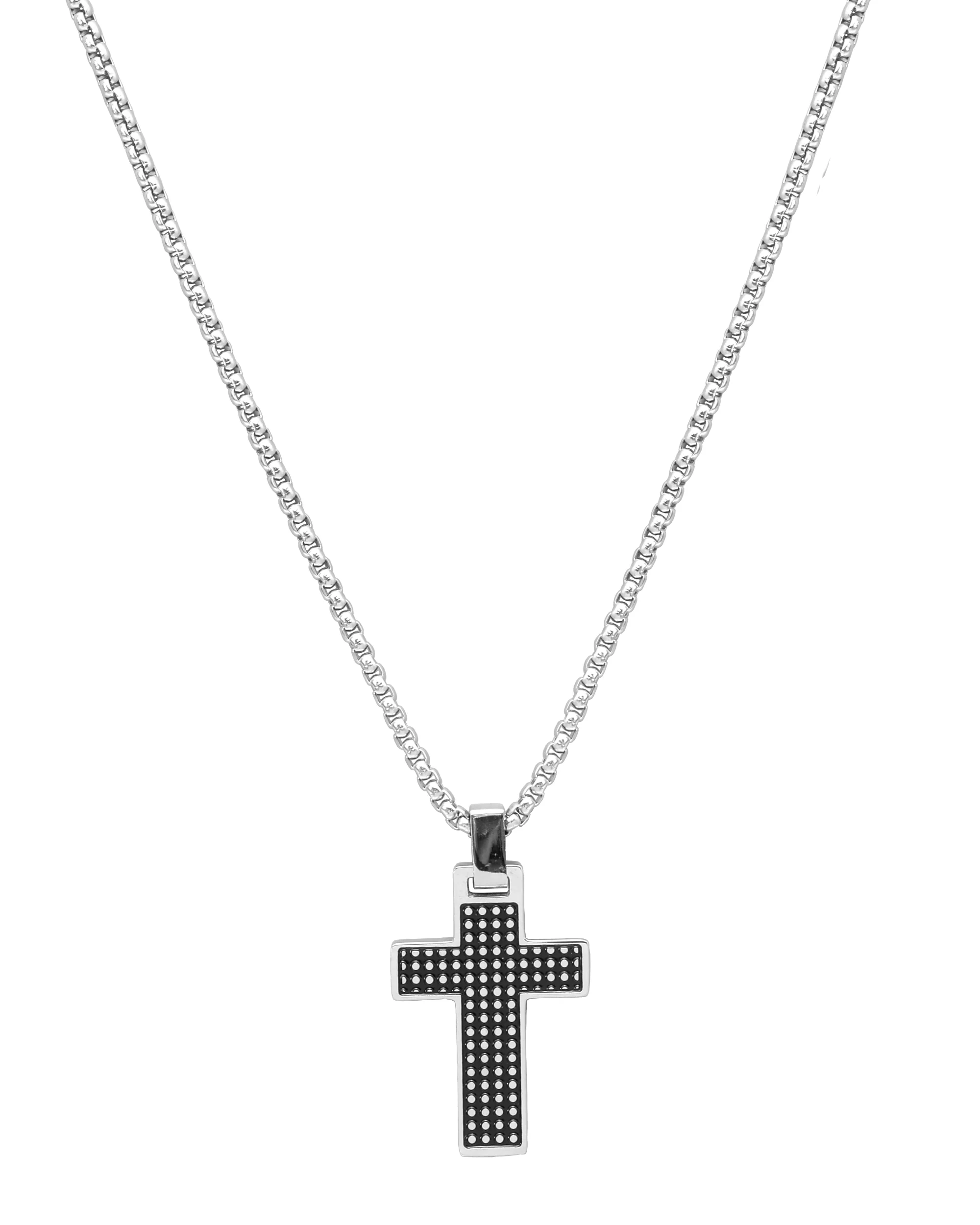COLLIER EN ACIER AVEC PENDENTIF CROIX ET MOTIFS NOIRS - Image 3
