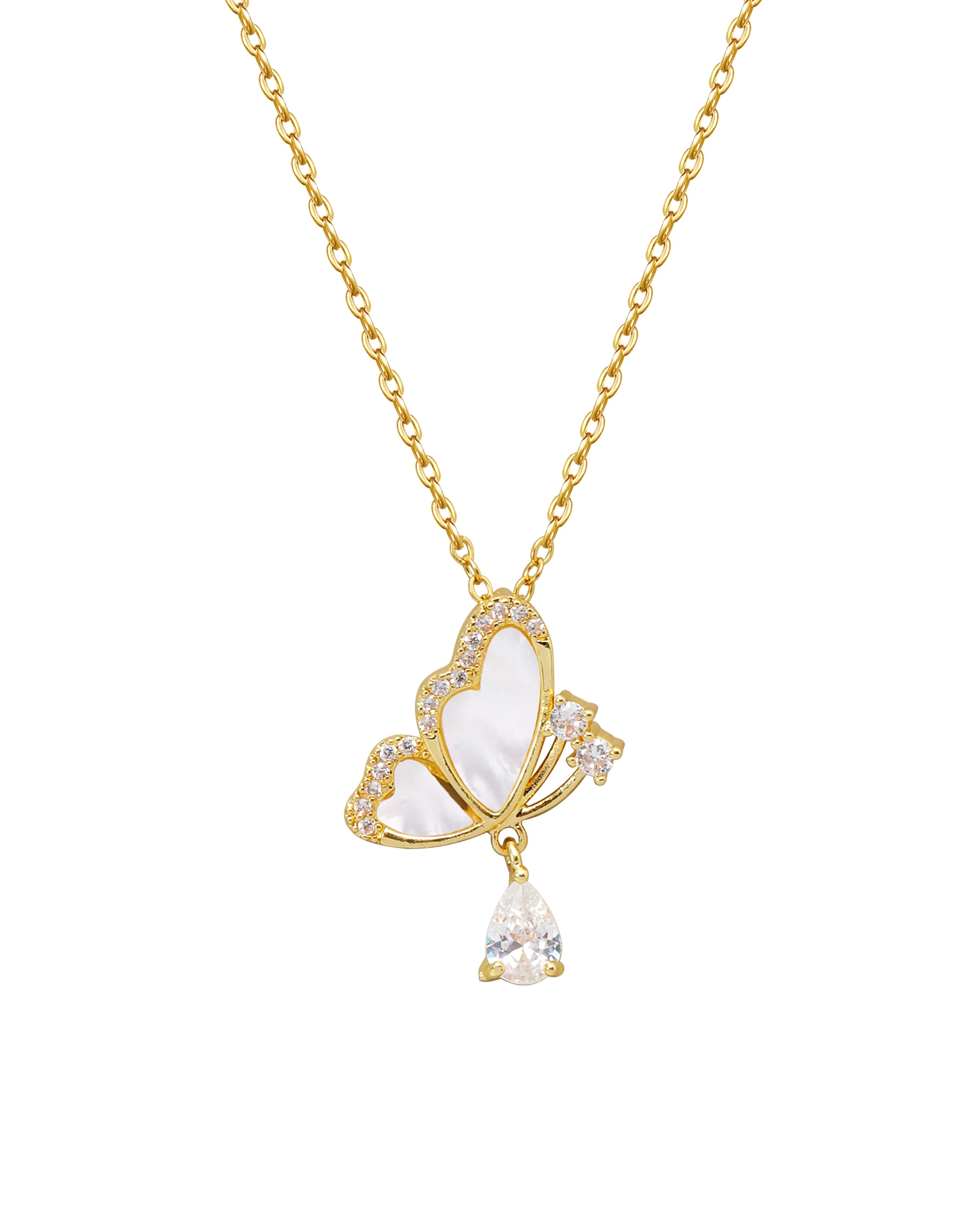 COLLIER EN ACIER DORE PAPILLON NACRE AVEC ZIRCONIUM + SOLITAIRE