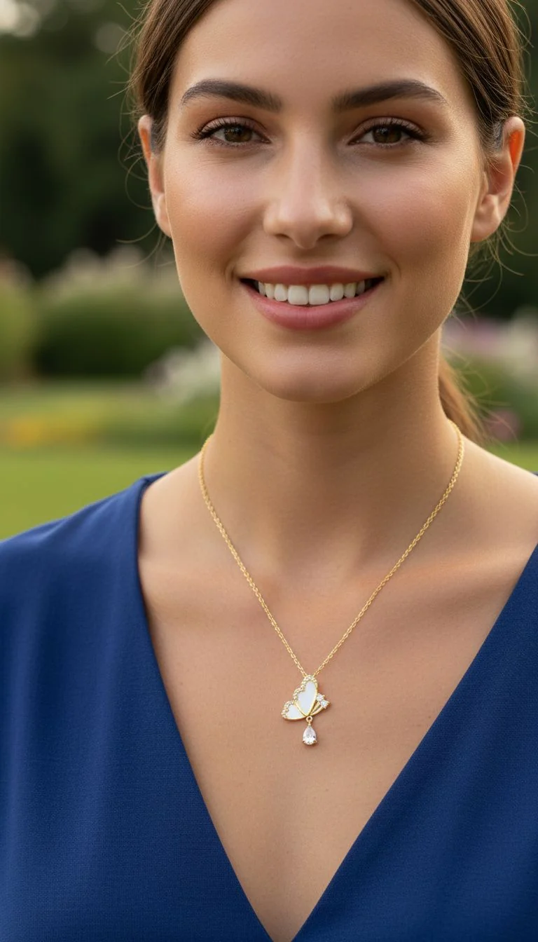 COLLIER EN ACIER DORE PAPILLON NACRE AVEC ZIRCONIUM + SOLITAIRE - Image 2