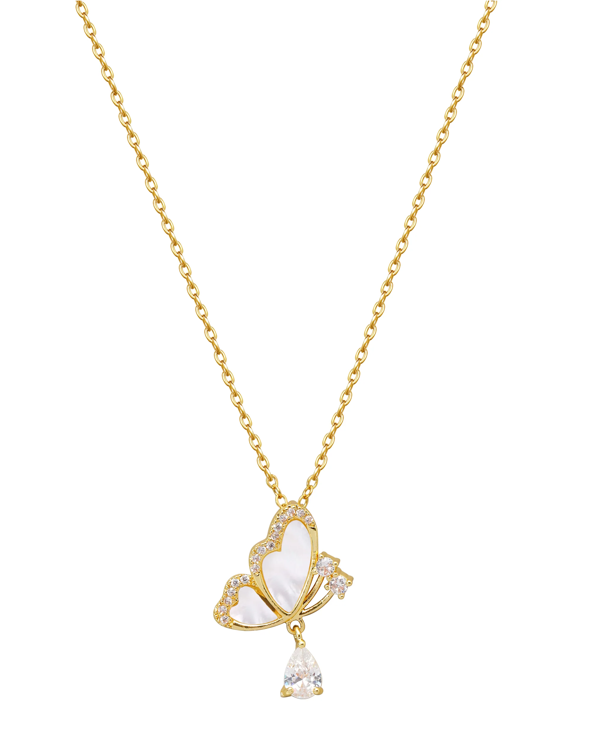 COLLIER EN ACIER DORE PAPILLON NACRE AVEC ZIRCONIUM + SOLITAIRE - Image 3