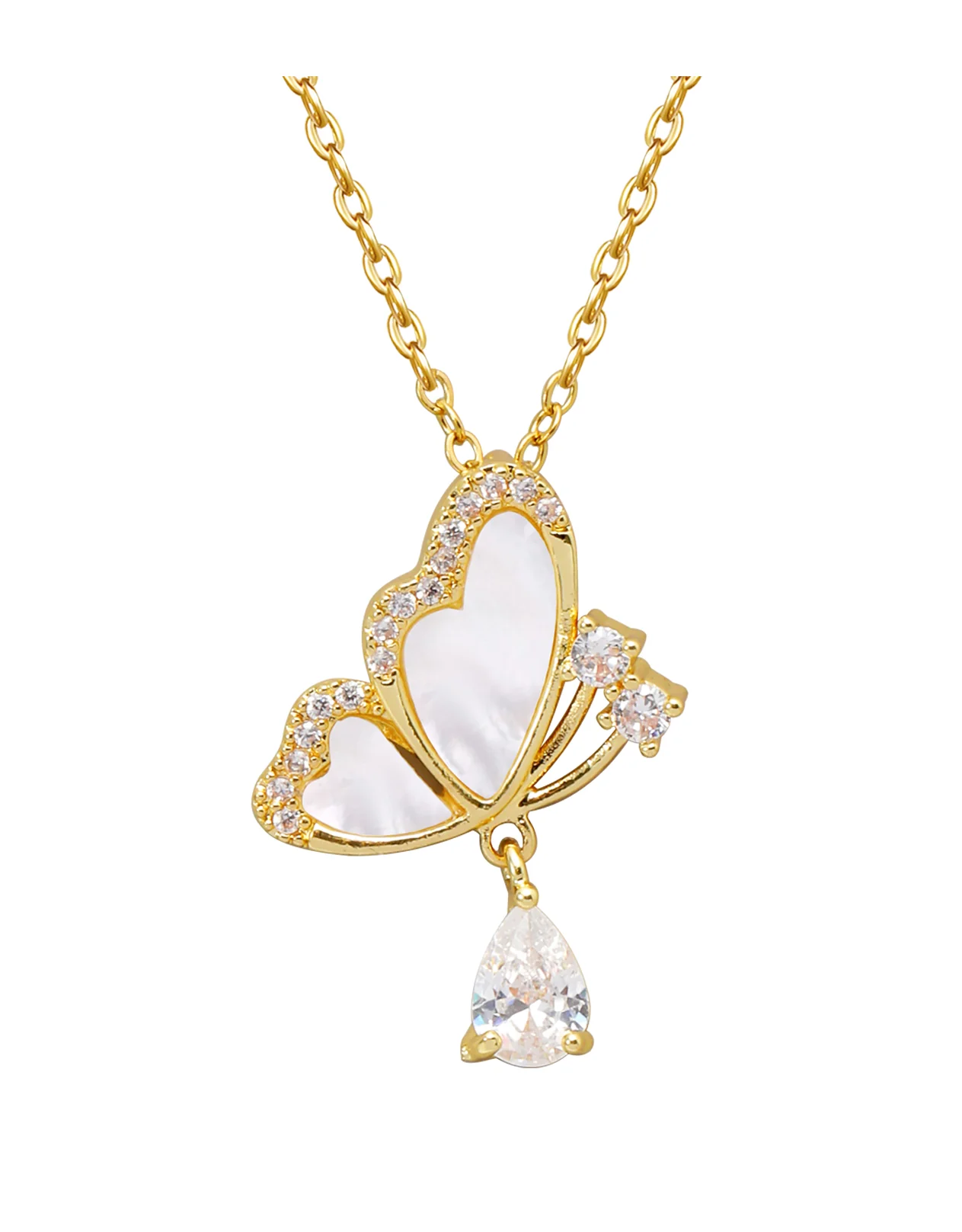 COLLIER EN ACIER DORE PAPILLON NACRE AVEC ZIRCONIUM + SOLITAIRE - Image 4