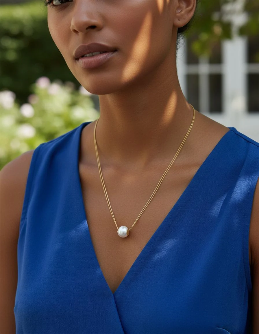COLLIER EN ACIER DORE A DOUBLE MAILLE ORNE D'UNE PERLE CENTRALE - Image 2