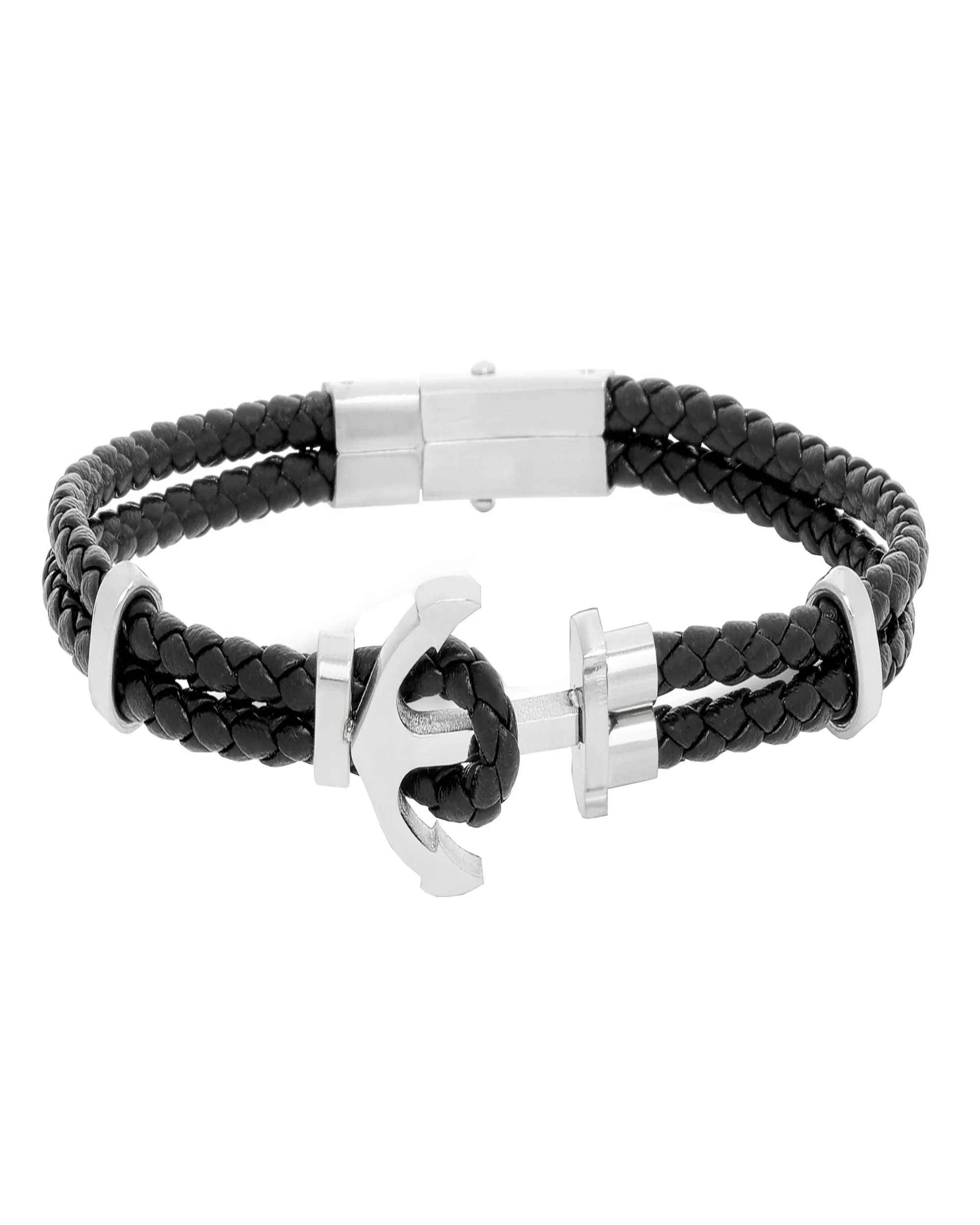 BRACELET EN CUIR TRESSE AVEC ANCRE EN ACIER