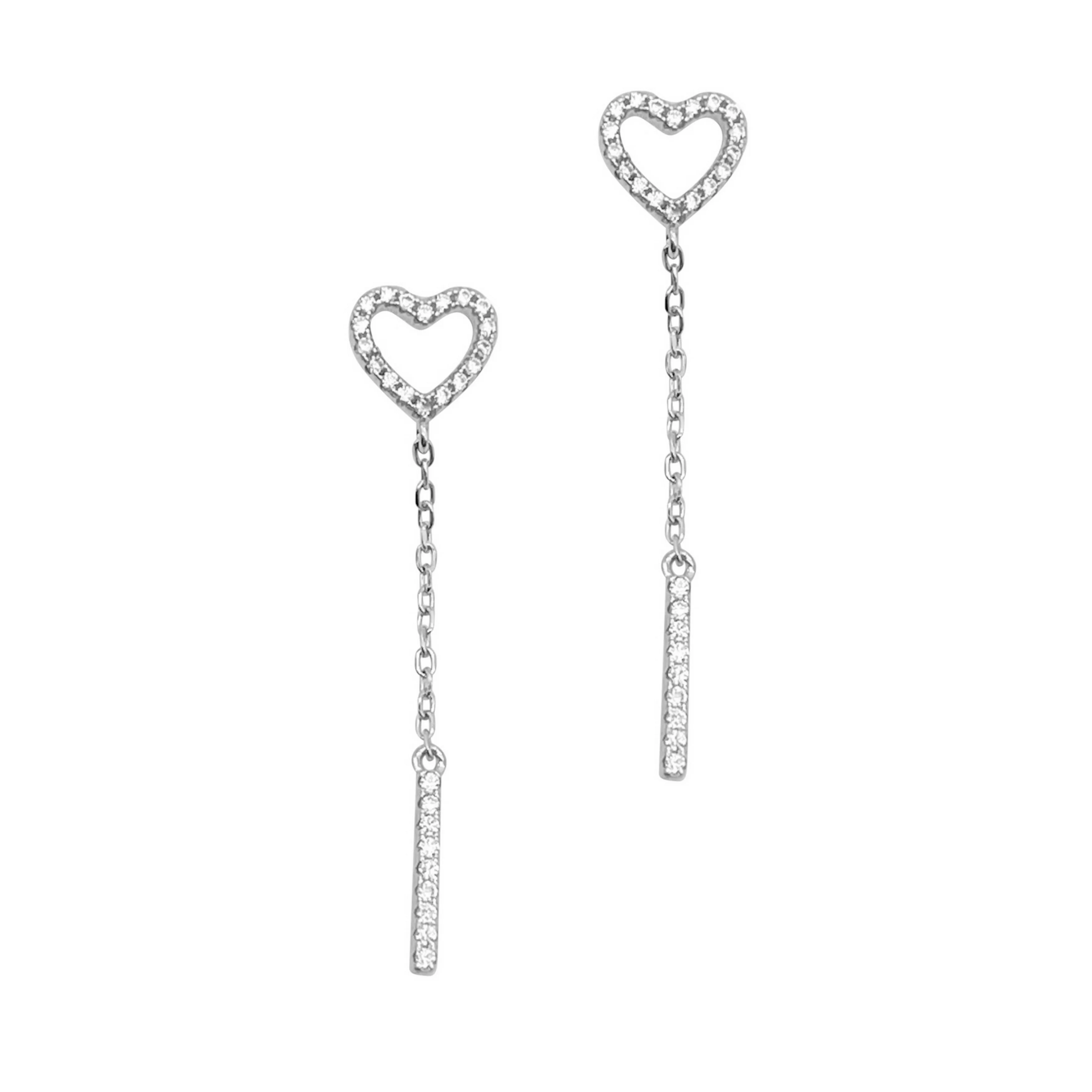 BOUCLES D'OREILLES EN ARGENT COEUR ET BARRE PENDANTE