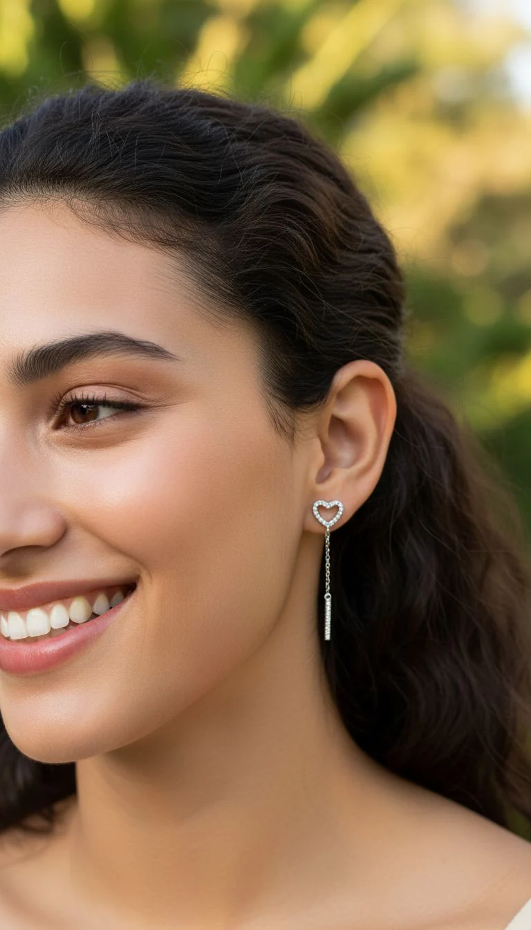 BOUCLES D'OREILLES EN ARGENT COEUR ET BARRE PENDANTE - Image 2