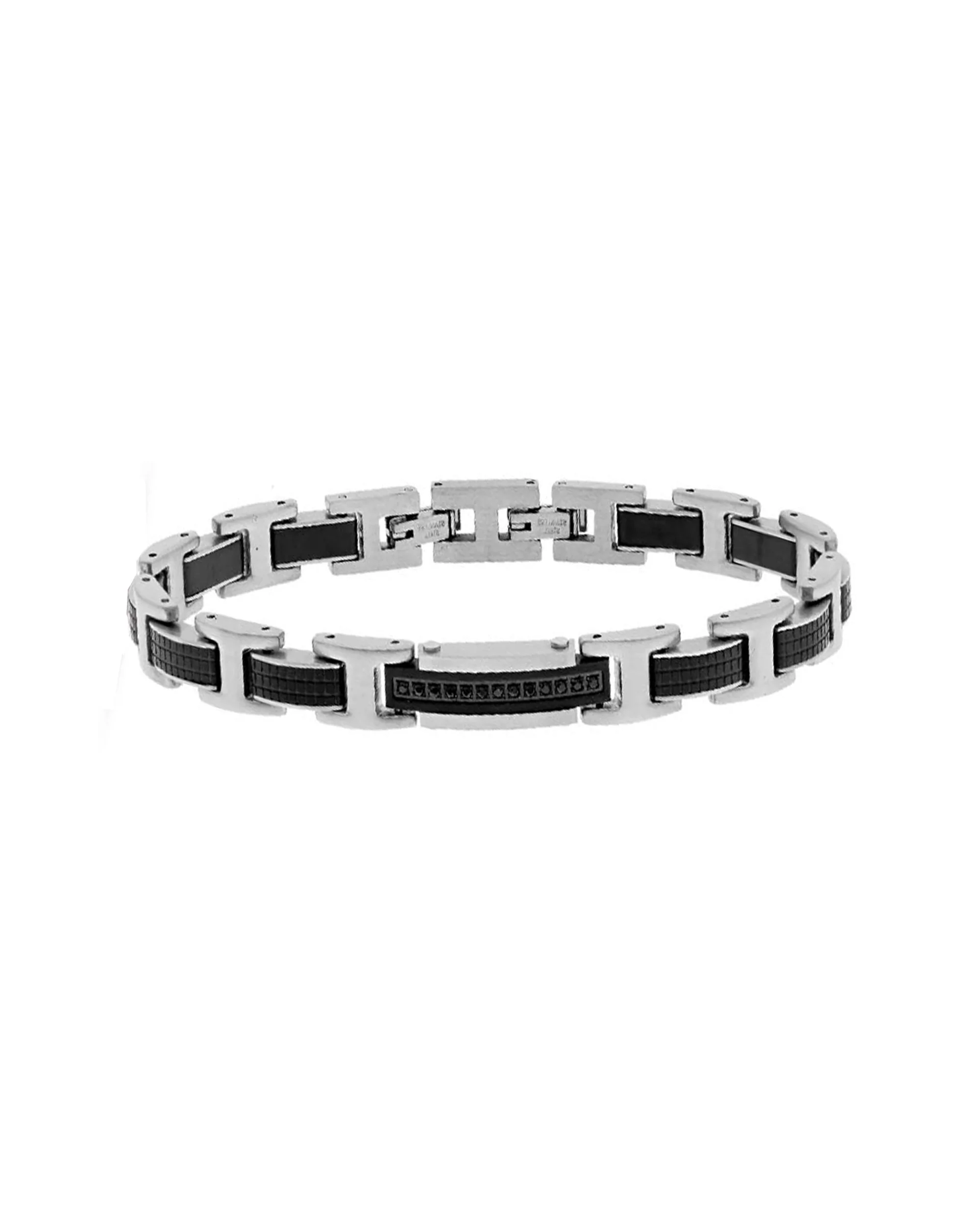 BRACELET EN ACIER MAILLE ARTICULEE NOIRE ET ACIER AVEC STRASS NOIR