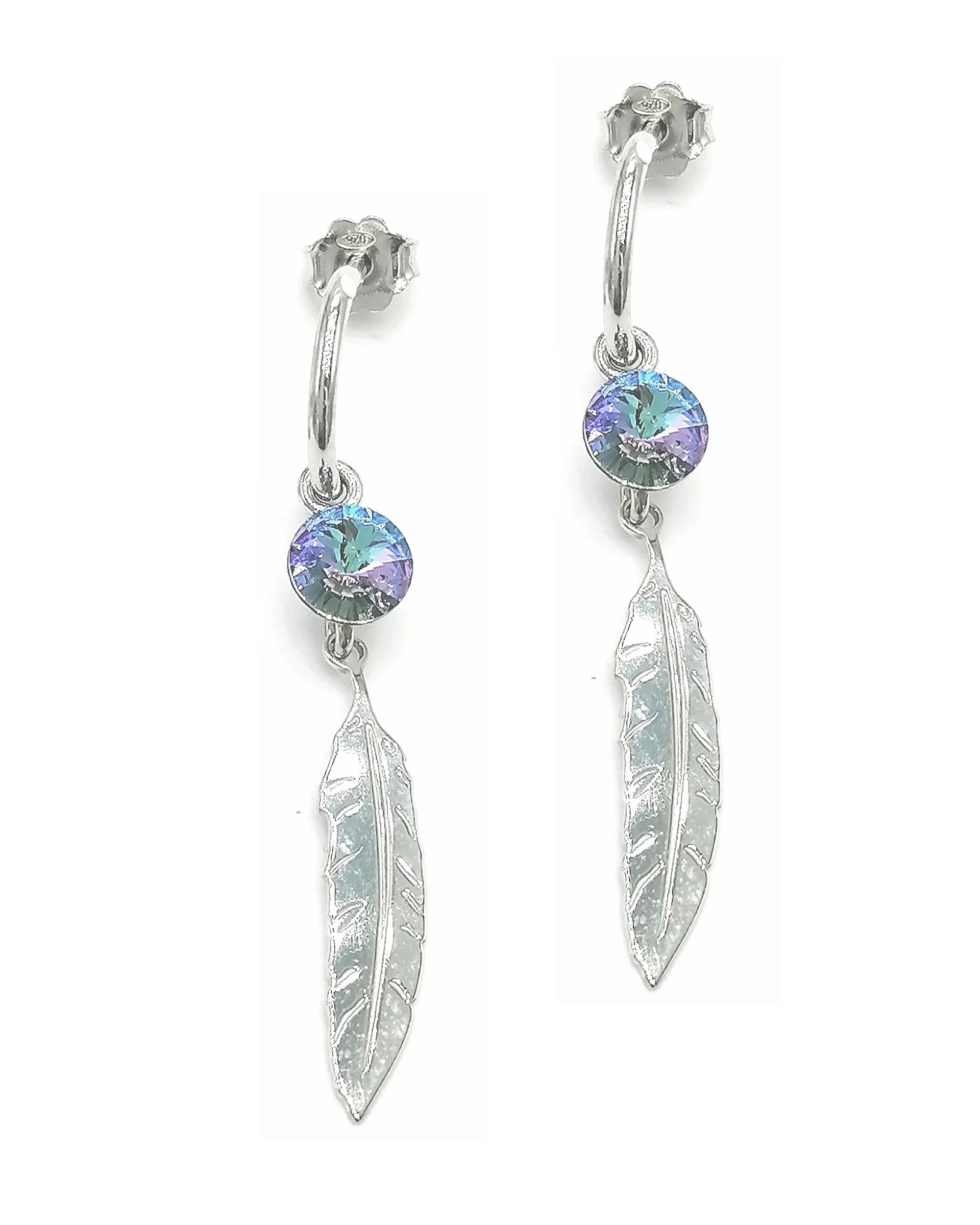 DEMI CREOLES EN ARGENT CRISTAL SWAROVSKI ET PLUME