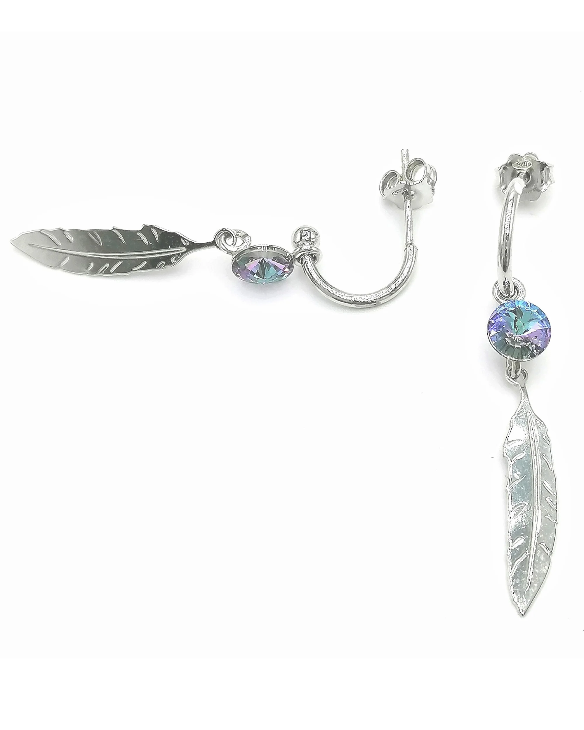 DEMI CREOLES EN ARGENT CRISTAL SWAROVSKI ET PLUME - Image 2
