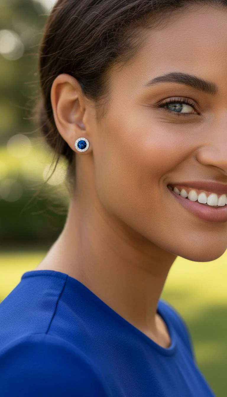 BOUCLES D'OREILLES EN ARGENT SOLITAIRE BLEU ENTOURE DE PIERRES - Image 2