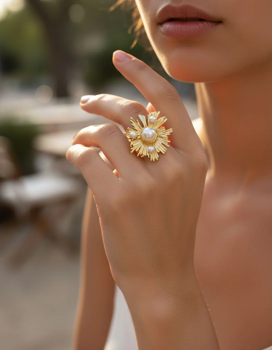 BAGUE EN ACIER DORE FLEUR AVEC PERLES - Image 2