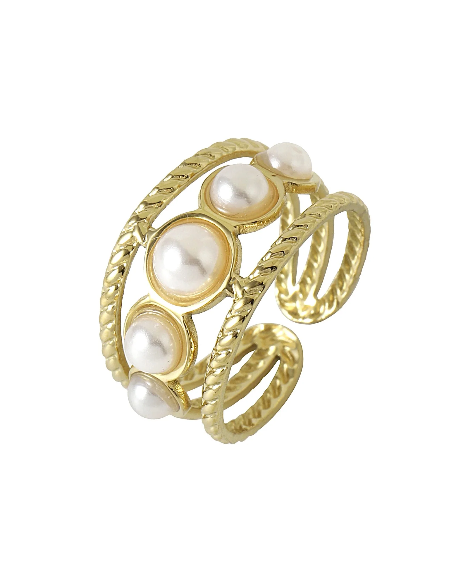BAGUE EN ACIER DORÉ AVEC PERLES BLANCHES