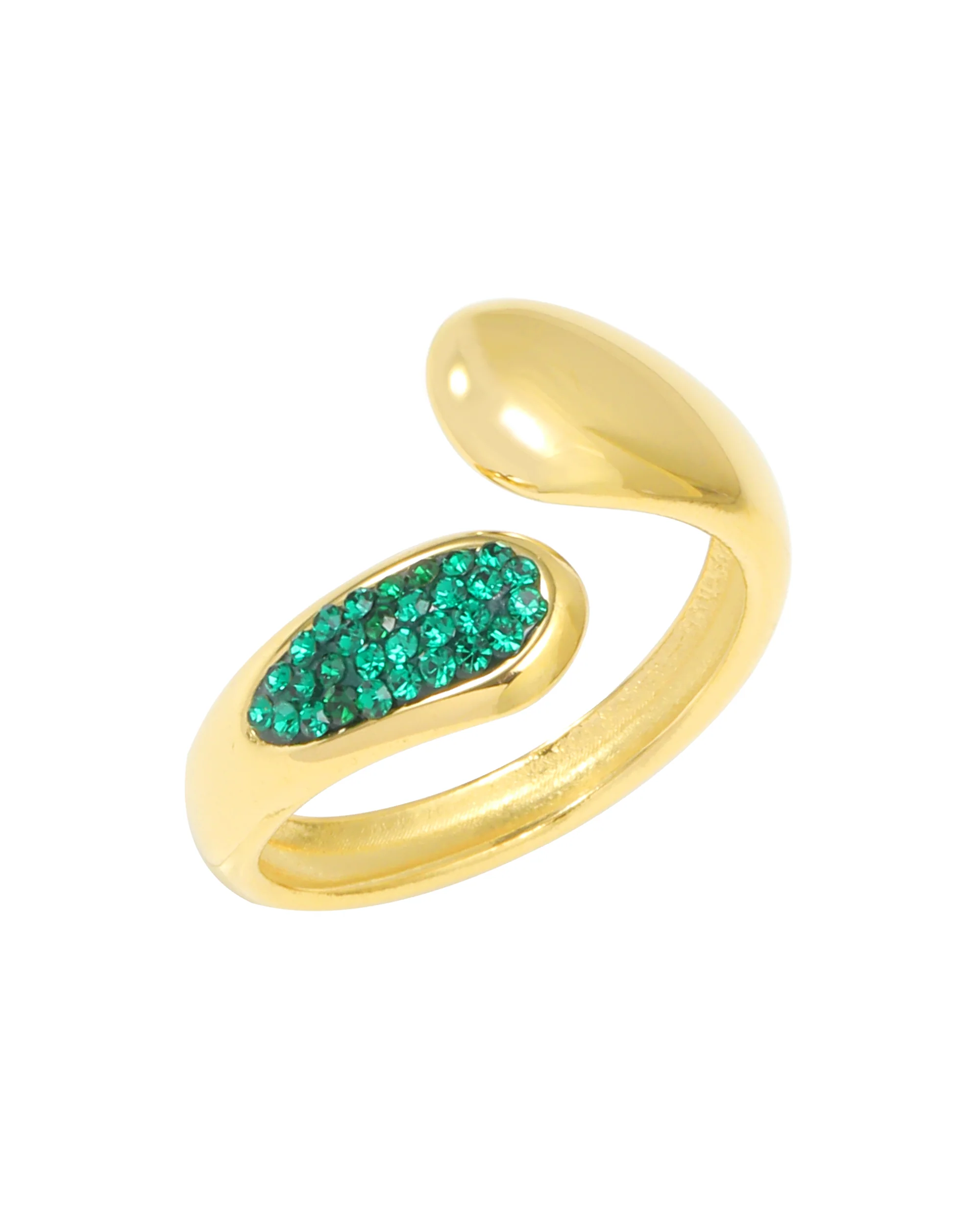 BAGUE AJUSTABLE EN ACIER DORE OVALE AVEC STRASS EMERAUDE