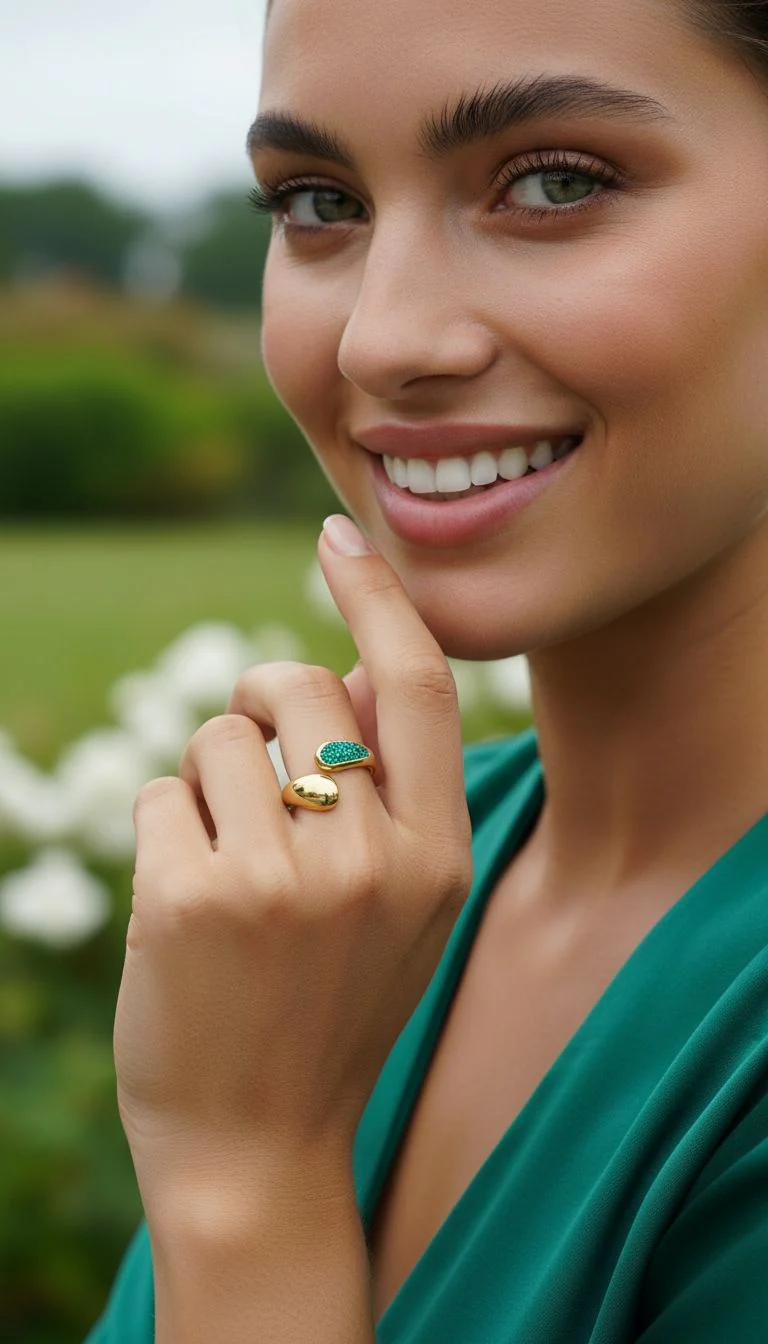 BAGUE AJUSTABLE EN ACIER DORE OVALE AVEC STRASS EMERAUDE - Image 2