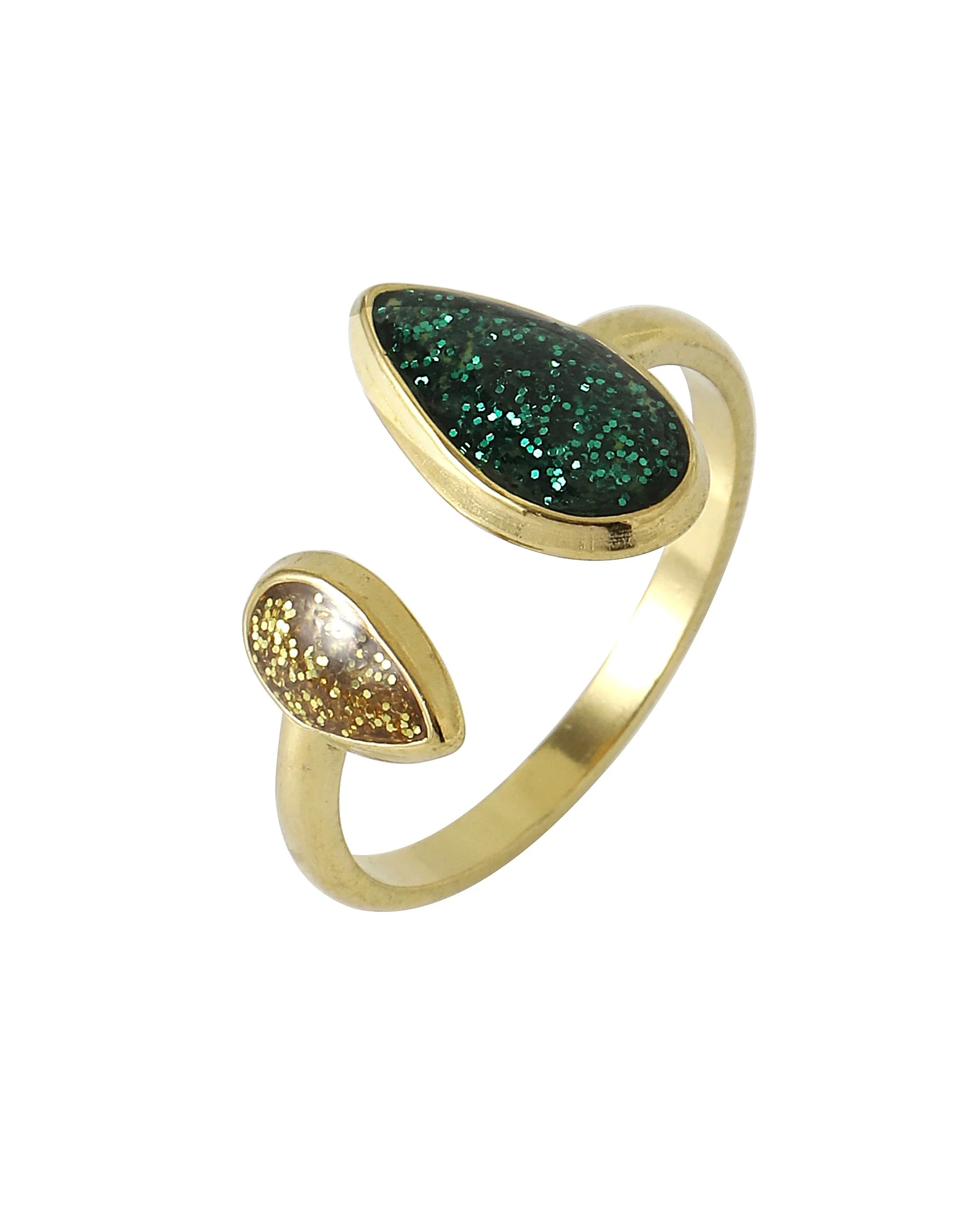 BAGUE EN ACIER DORE MOTIF GOUTTES ÉMERAUDE ET OR PAILLETEES