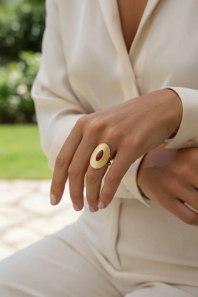 BAGUE EN ACIER DORE OVALE MARTELÉ AVEC MOTIF ÉMAILLÉ RUBIS - Image 2