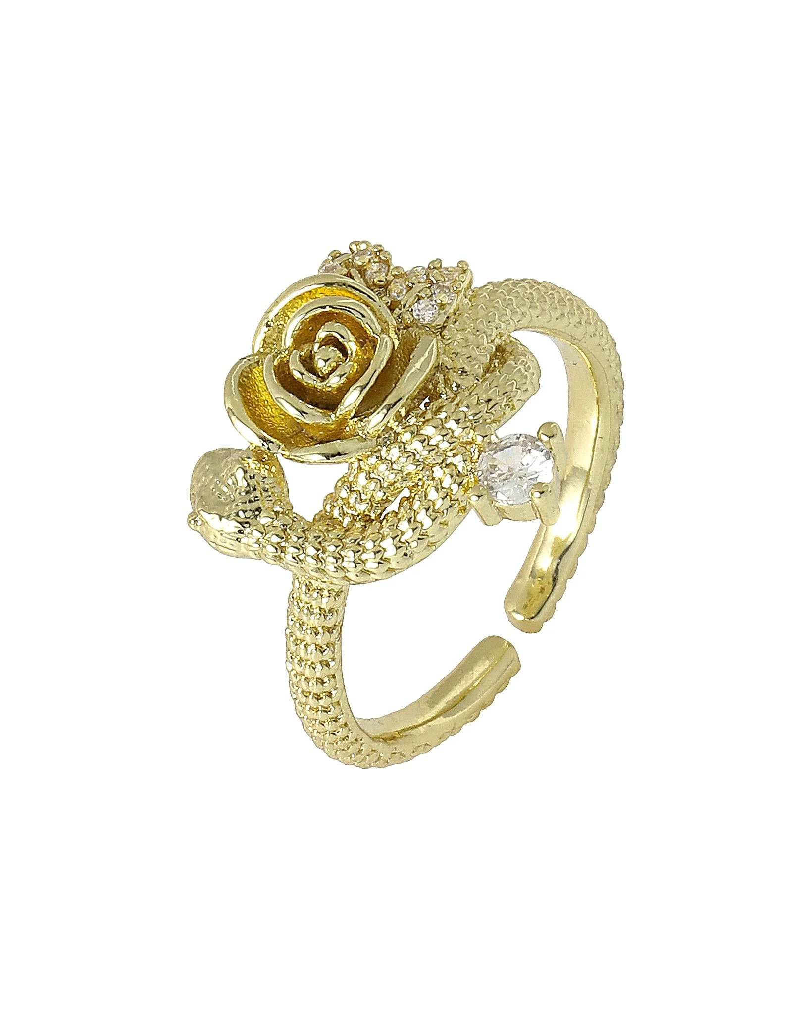 BAGUE EN ACIER DORE SERPENT AVEC ROSE + ZIRCONIUM