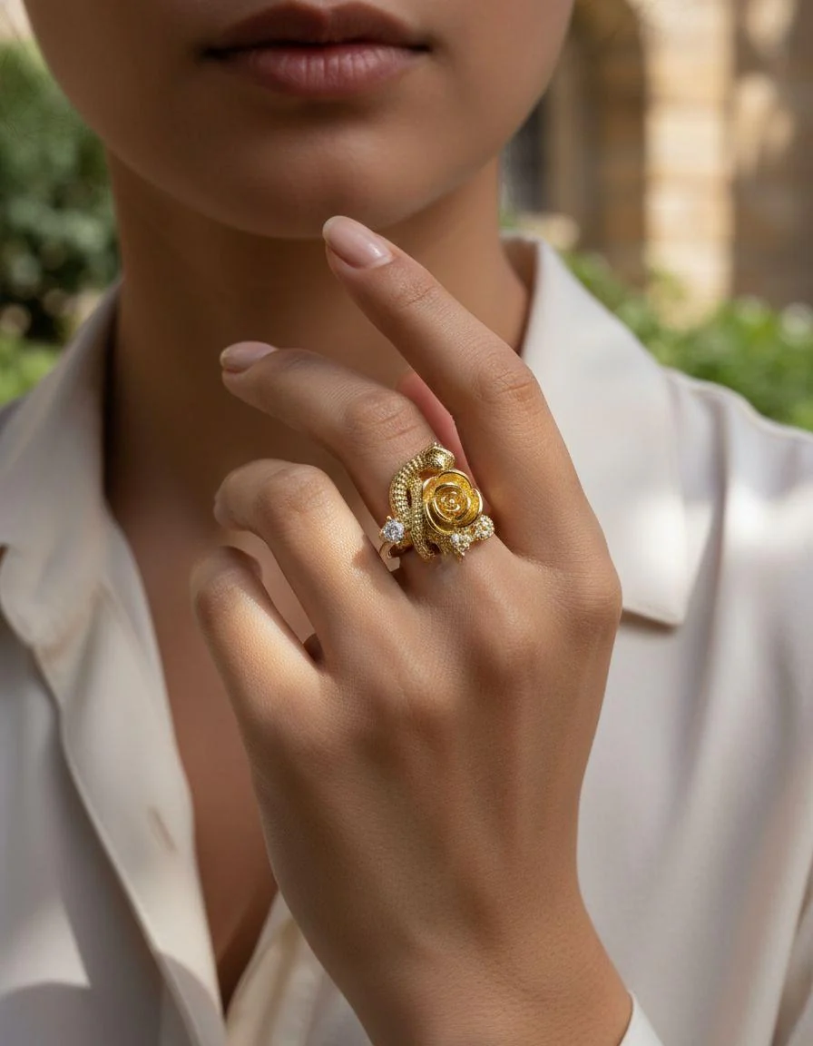 BAGUE EN ACIER DORE SERPENT AVEC ROSE + ZIRCONIUM - Image 2