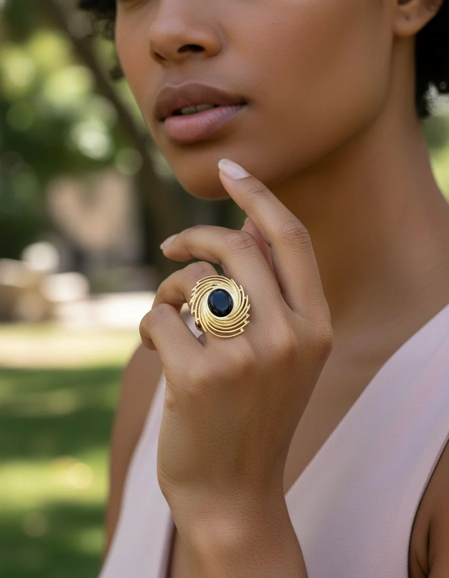 BAGUE EN ACIER DORE SPIRALE AVEC CENTRE ONYX - Image 2