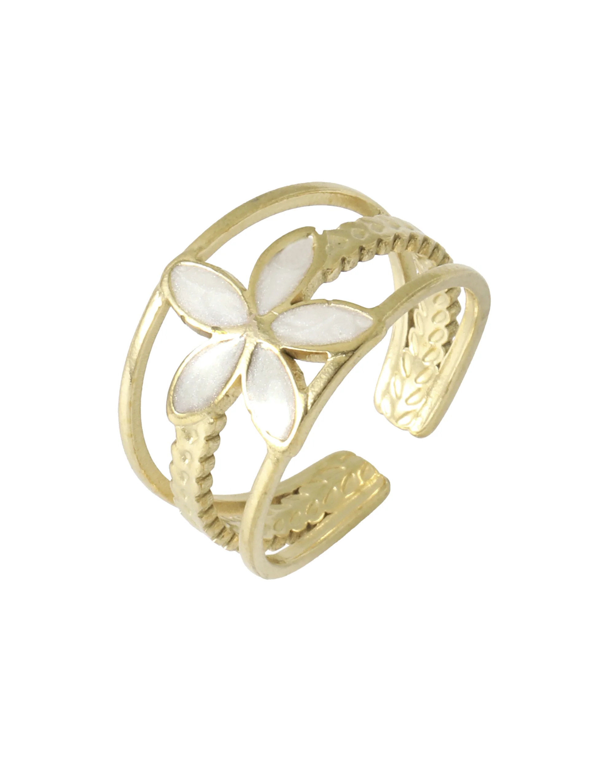 BAGUE EN ACIER DORÉ TRIPLES LIGNE AVEC FLEUR NACRE