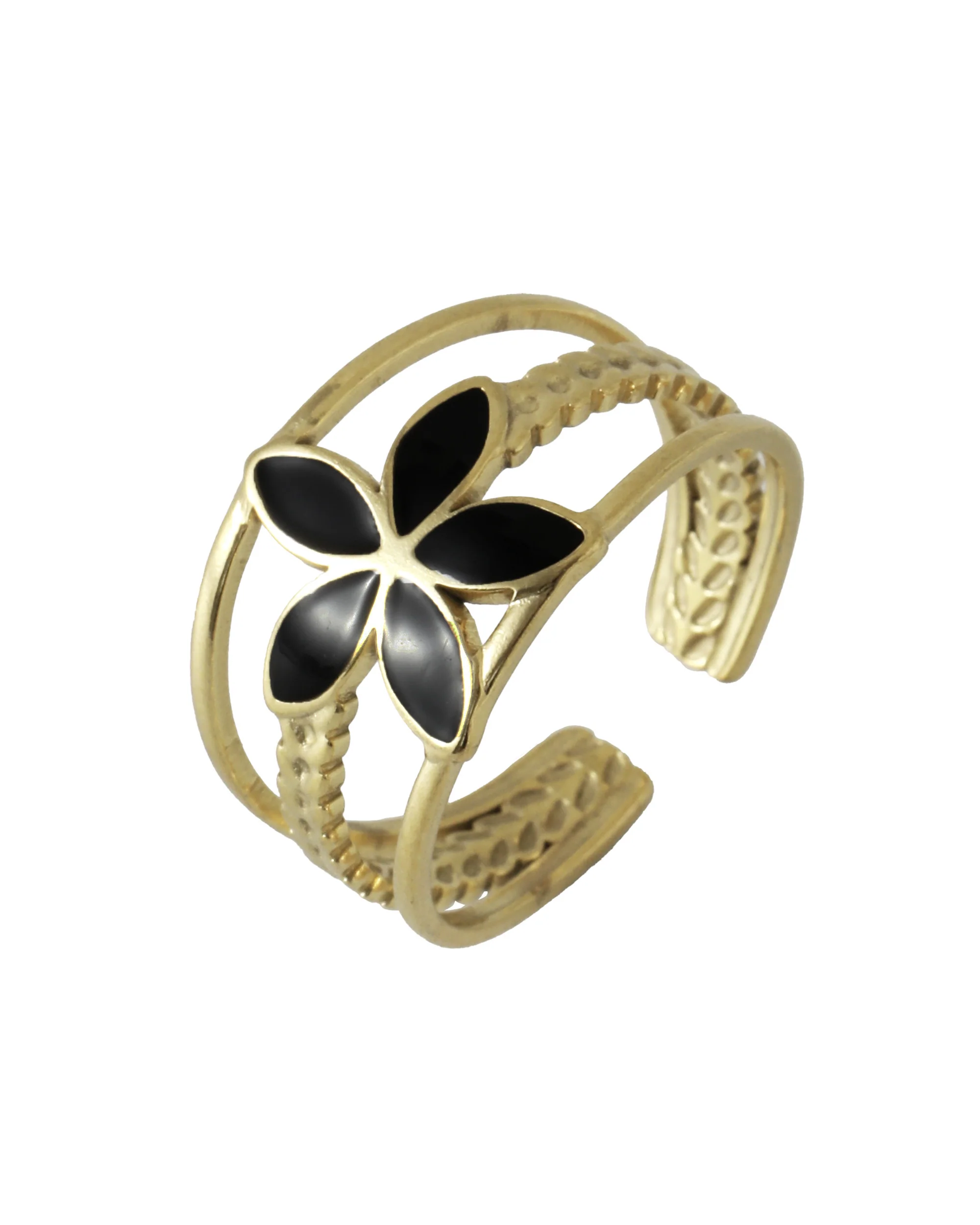 BAGUE EN ACIER DORE TRIPLES LIGNE AVEC FLEUR NACRE COULEUR ONYX