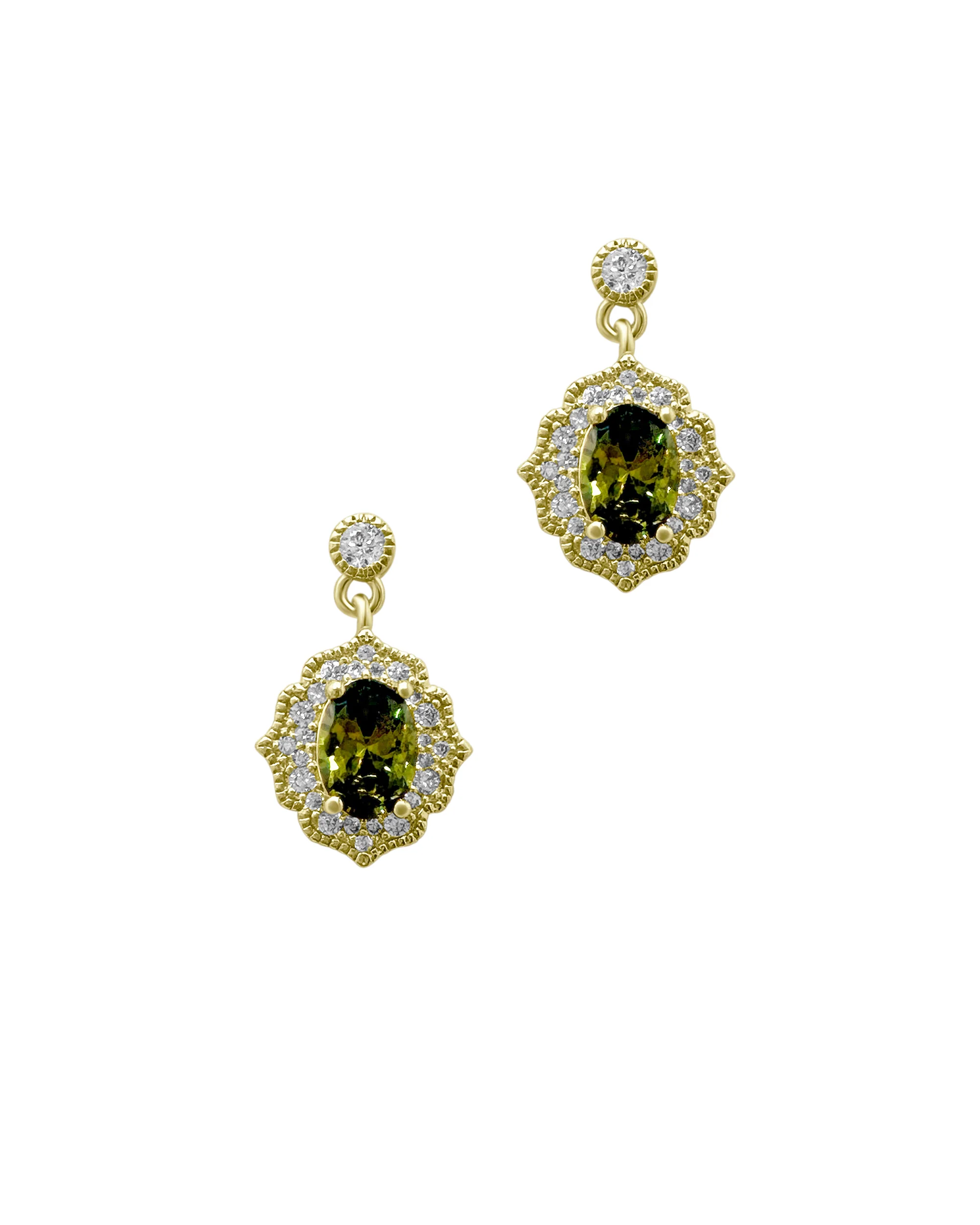 BOUCLES D'OREILLES EN PLAQUE OR AVEC ZIRCONIUM ET SOLITAIRE OLIVINE