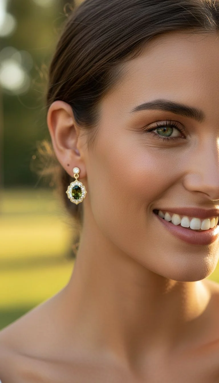 BOUCLES D'OREILLES EN PLAQUE OR AVEC ZIRCONIUM ET SOLITAIRE OLIVINE - Image 2