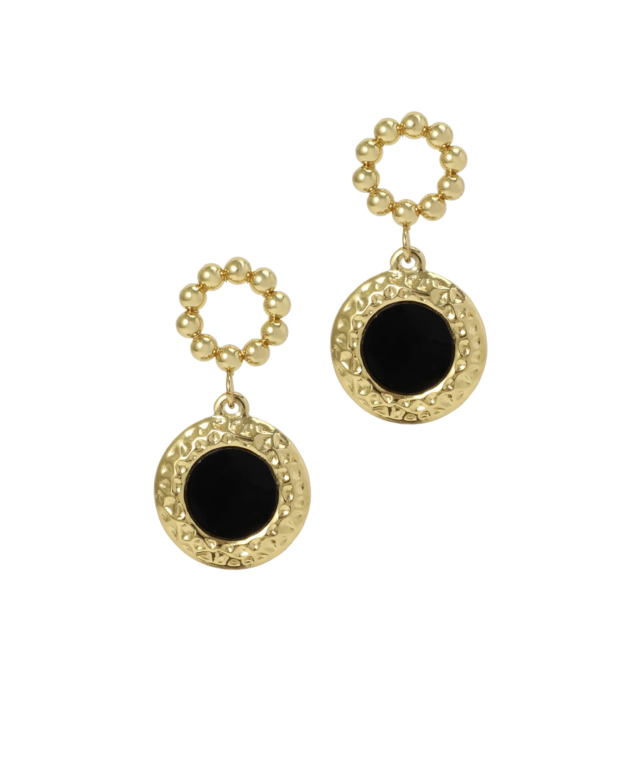 BOUCLES D'OREILLES EN ACIER DORE JEUX DE CERCLES AVEC PASTILLE ONYX