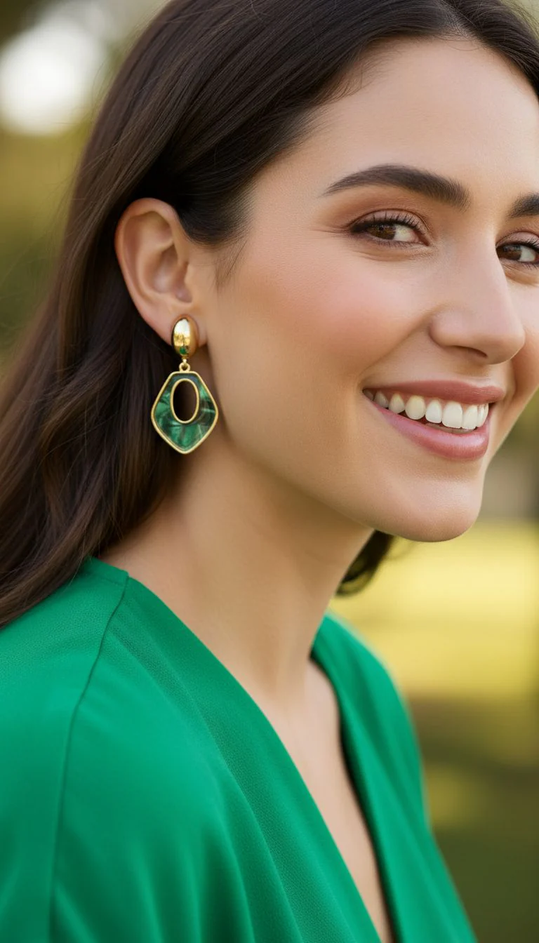 BOUCLES D'OREILLES EN ACIER DORE LOSANGE NACRE COULEUR EMERAUDE - Image 2