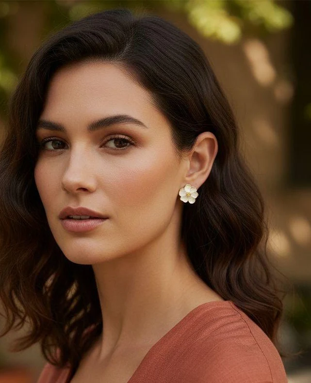 BOUCLES D'OREILLES EN ACIER DORE MOTIF FLEUR NACRE - Image 2
