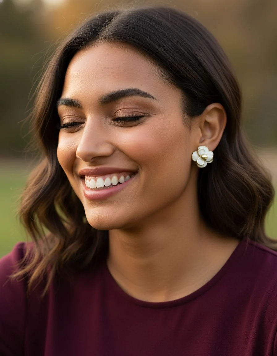 BOUCLES D'OREILLES EN ACIER DORE MOTIF ROSE BLANCHE - Image 2