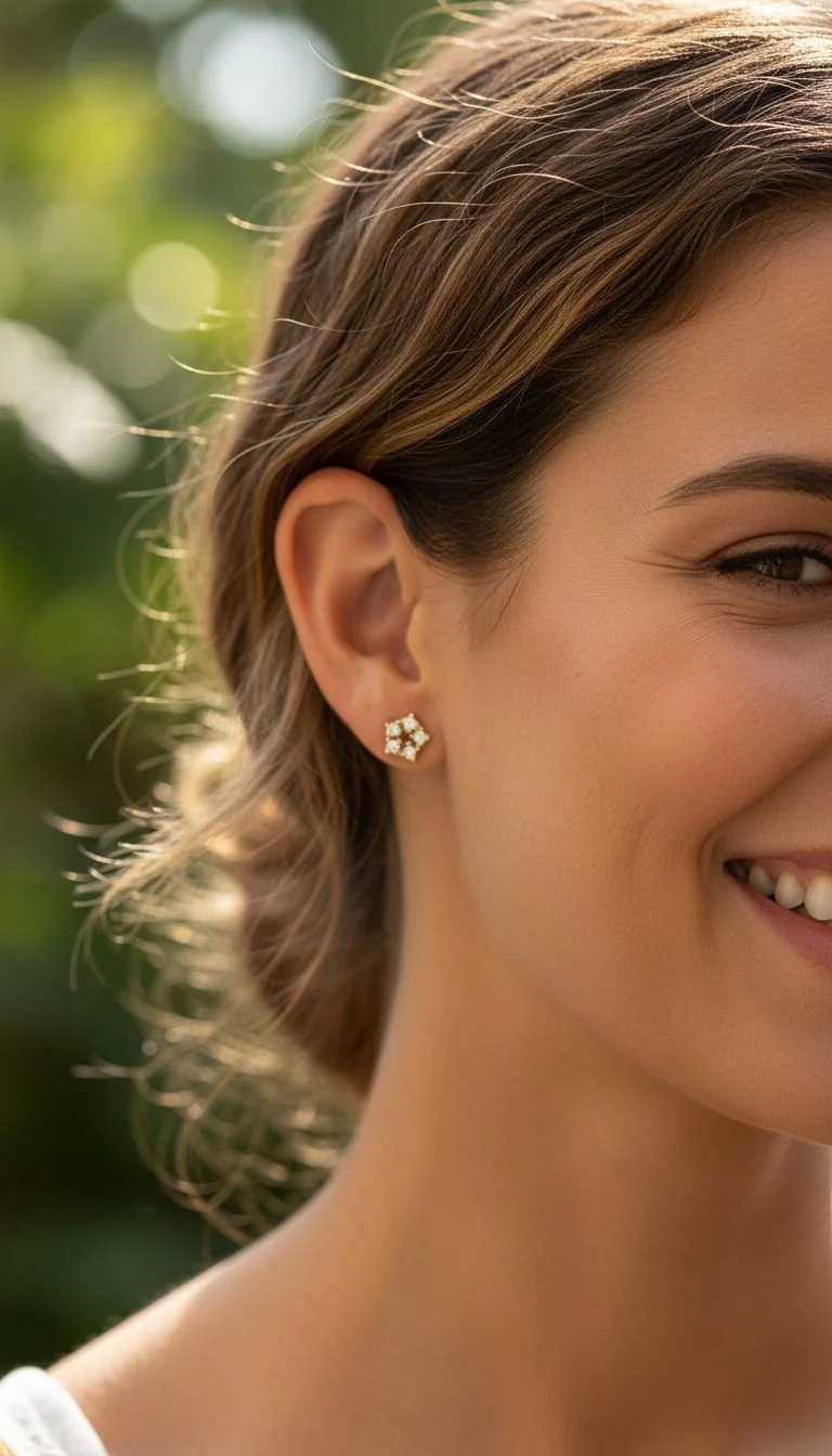 BOUCLES D'OREILLES EN PLAQUE OR FLEUR AVEC ZIRCONIUM - Image 2
