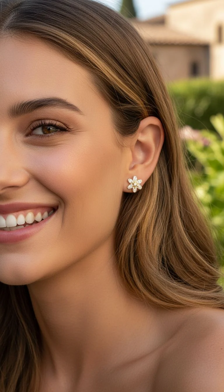 BOUCLES D'OREILLES EN PLAQUE OR MOTIF FLEUR - Image 2