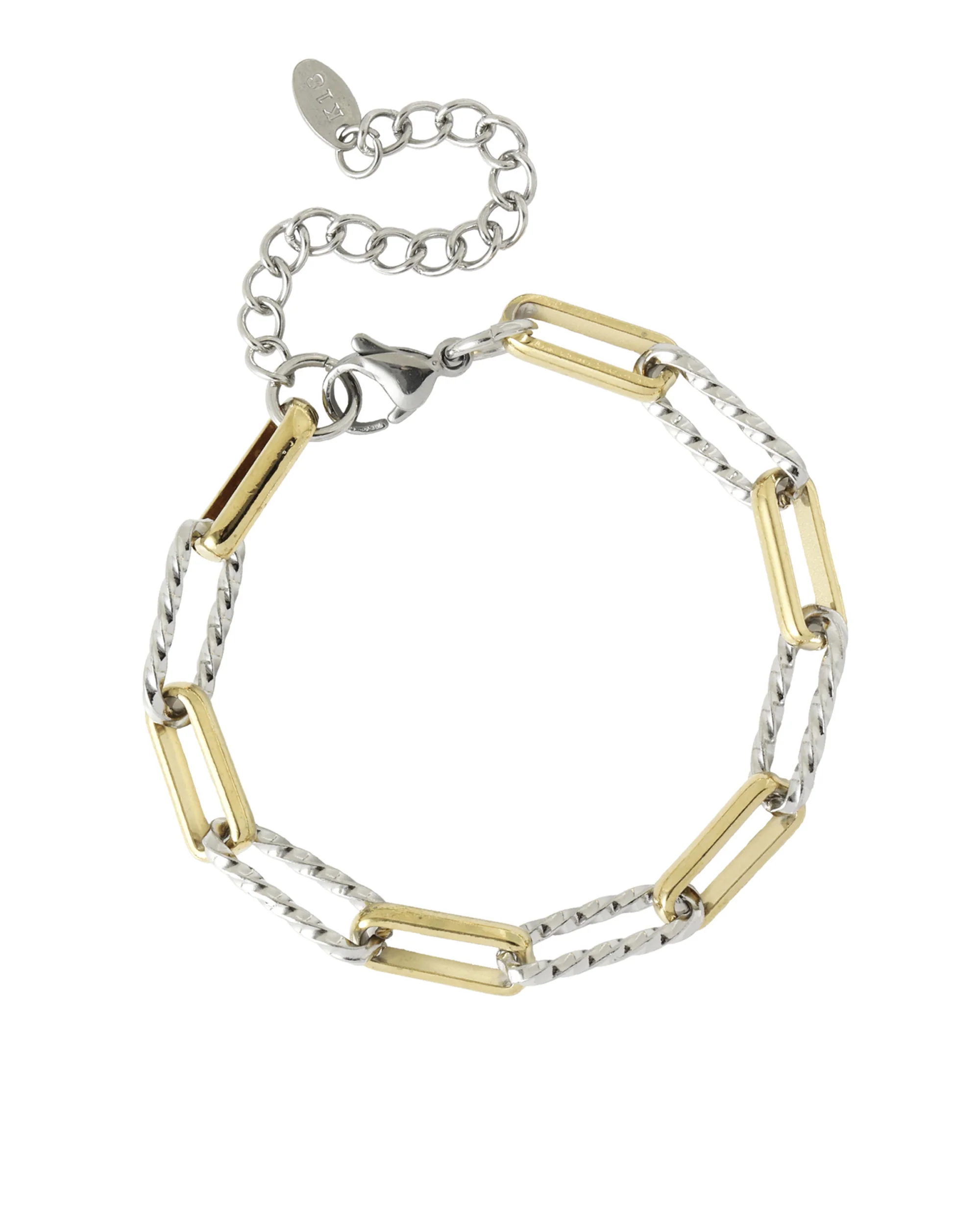 BRACELET EN ACIER DORE MOTIF RECTANGLE BICOLORE