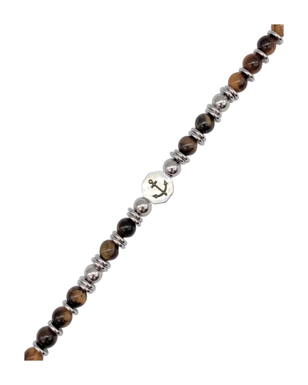 BRACELET AVEC PIERRES OEIL DE TIGRE BRUNES MOTIF ANCRE EN ACIER