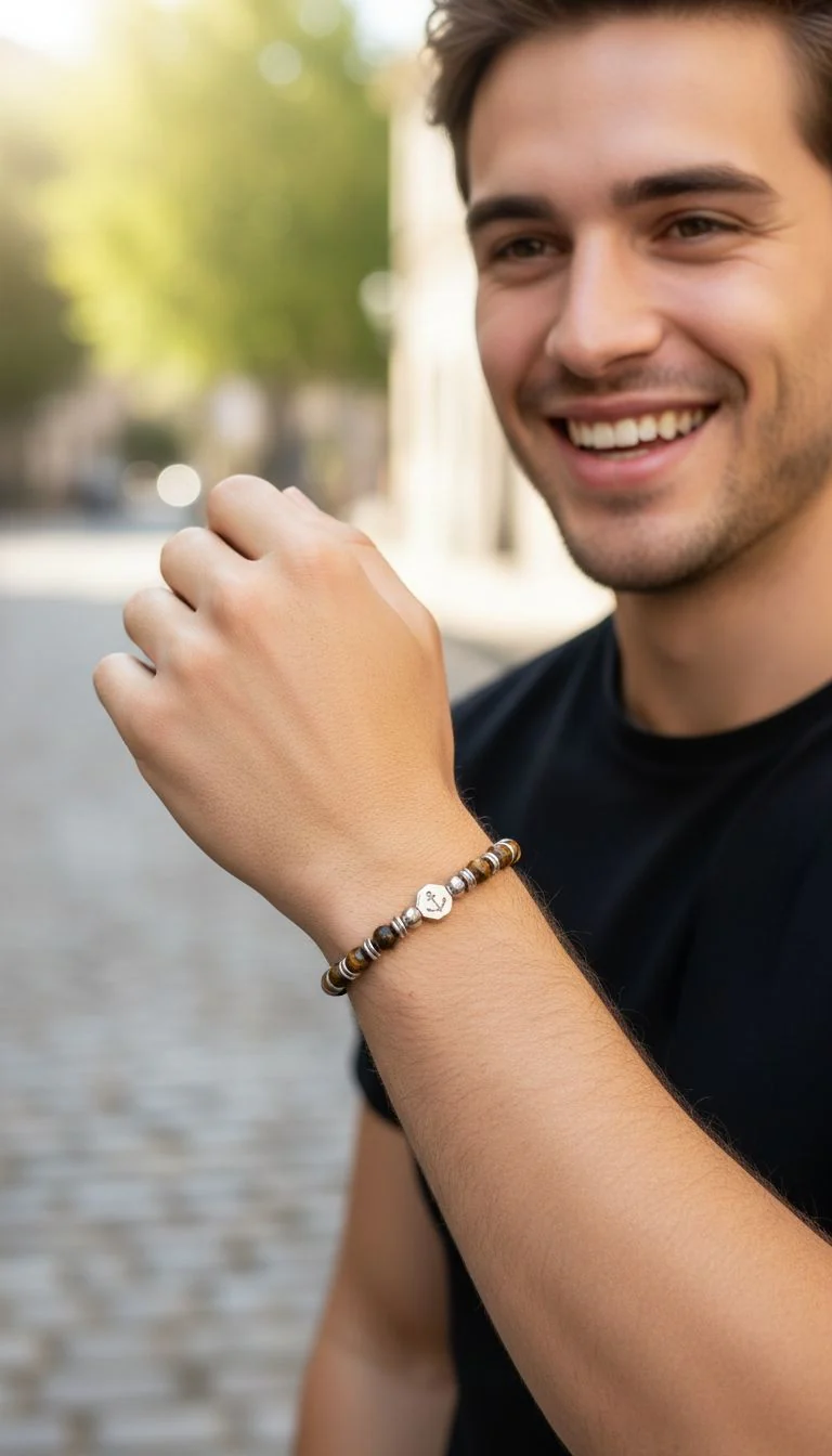 BRACELET AVEC PIERRES OEIL DE TIGRE BRUNES MOTIF ANCRE EN ACIER - Image 2