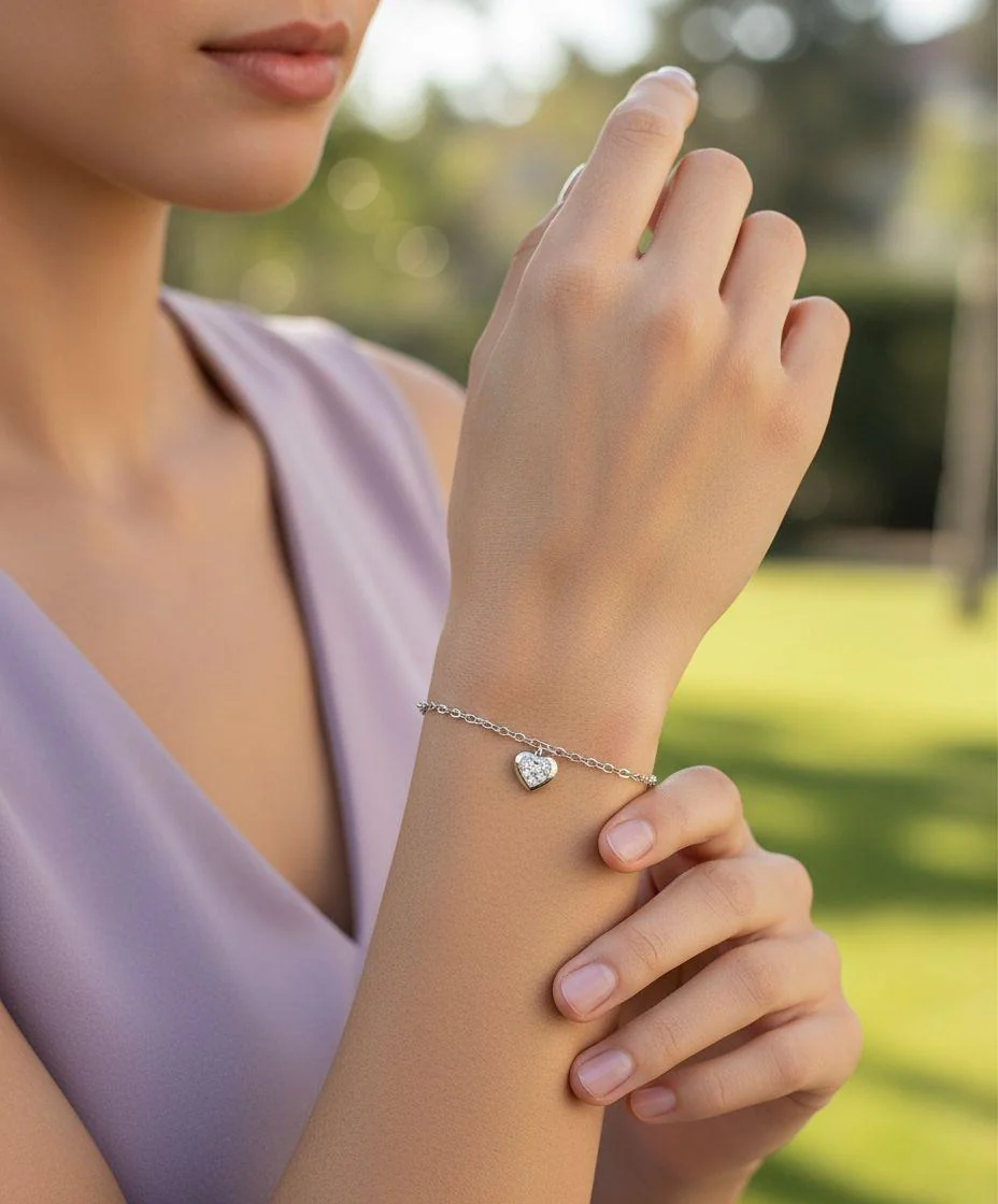 BRACELET EN ACIER COEUR AVEC STRASS FERMOIR BARRE - Image 2