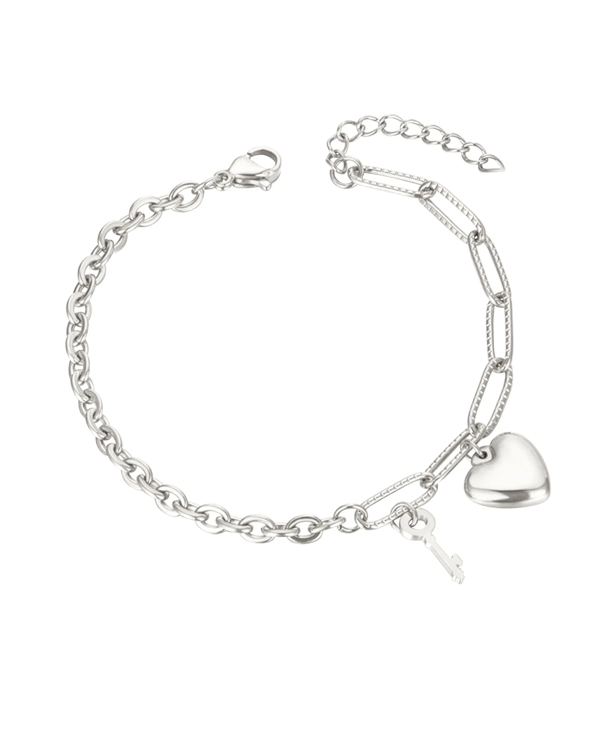 BRACELET EN ACIER COEUR ET CLE PENDANTS